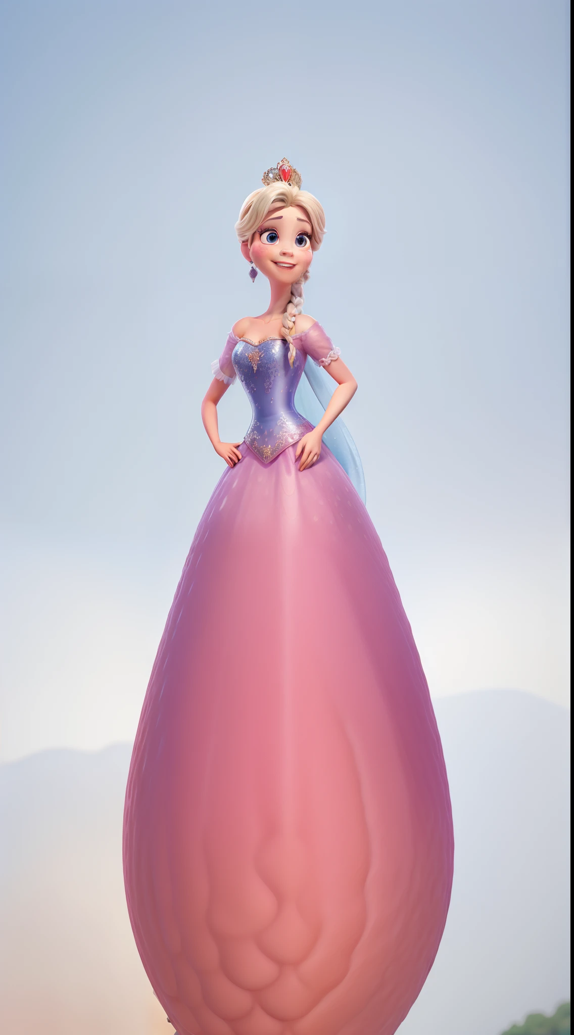Obra-prima, de melhor qualidade, estilo pixar, best quality, master part, fotorrealista, extremamente detalhado CG unidade 8k papel de parede, Chibi,1girl, Elsa,sozinho, cheio_corpo, sorrir, Olhando_em_visualizador, ao ar livre,, princesa, reino encantado, disney, mudar fundo para castelo, paisagem de reino