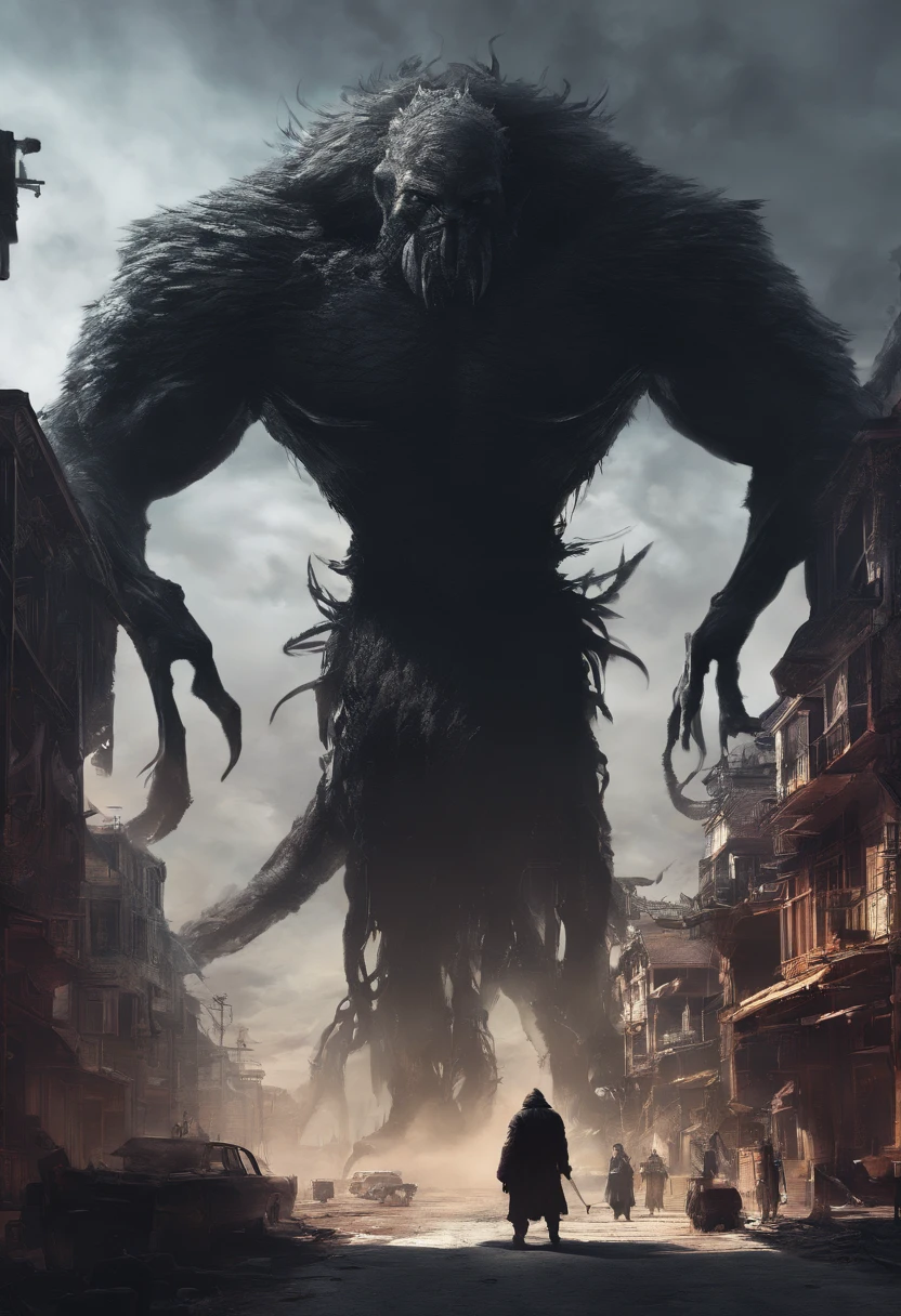 monster, Tree Monster, Resemblance to oak, Tall stature, Resemblance to a person, human face, Human anatomy, Dark background tones, dull tones, Gray tones, Location: Medieval City, on two legs, Top Quality, tmasterpiece,