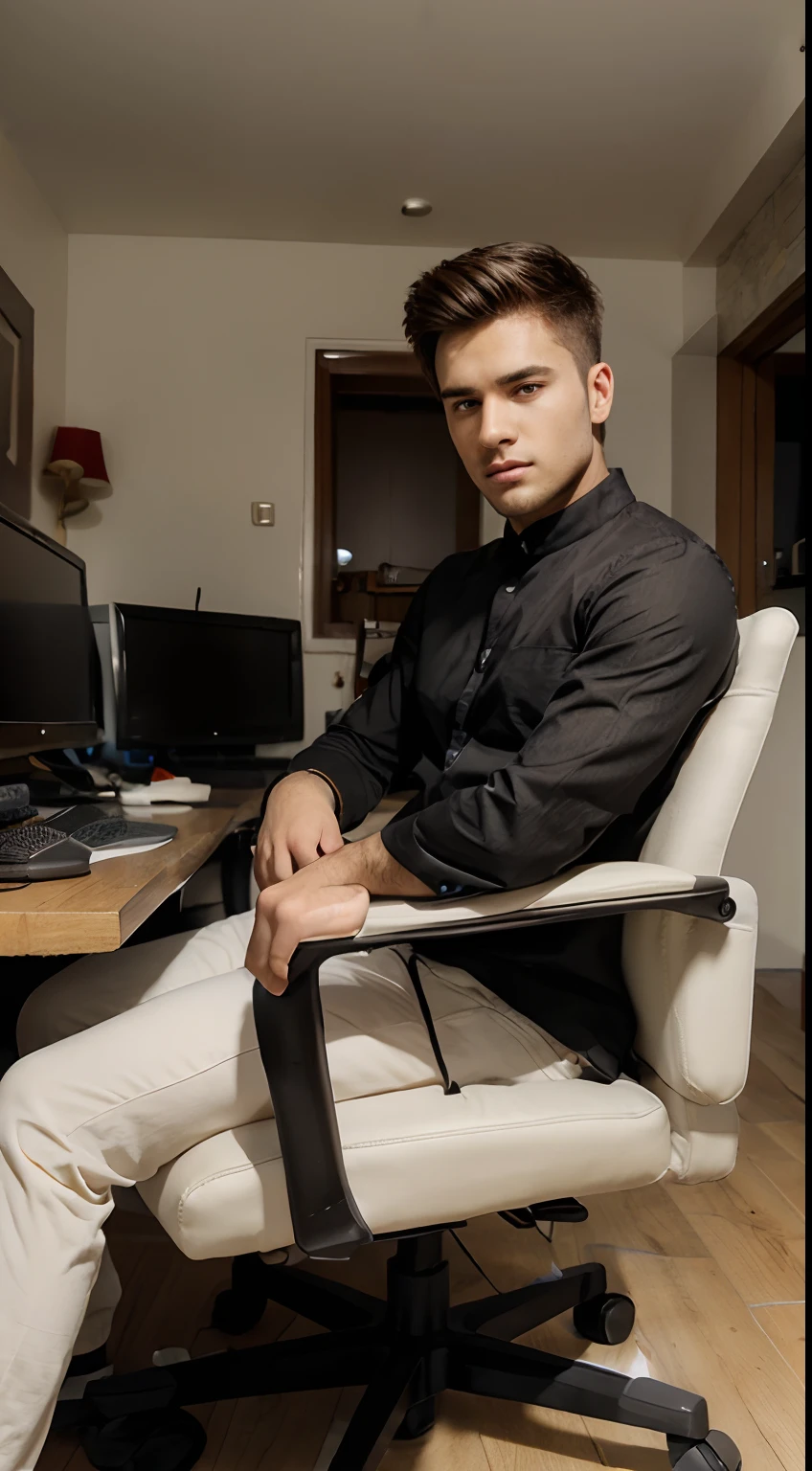 A young handsome guy with short spiky hair in indian house alone siting on gaming chair show full body