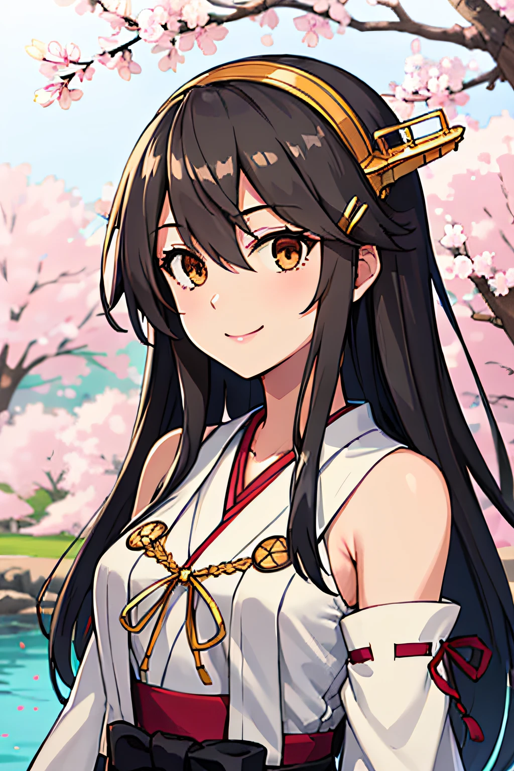 masterpiece, best quality, highres, hmharuna, headgear, hair ornament, hairclip, japanese clothes, detached sleeves, ribbon-trimmed sleeves, red skirt, outdoors, stream, cherry blossoms, smile, upper body,(portrait:1.2),