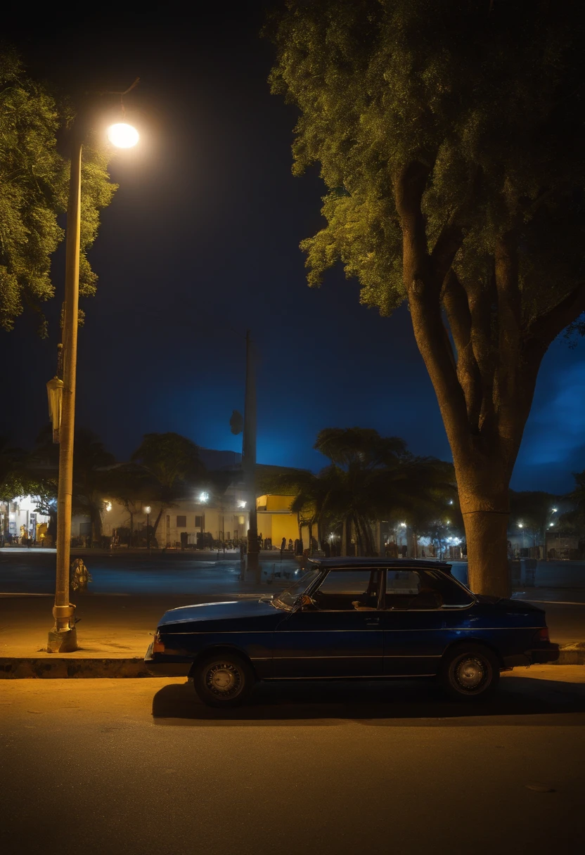 scenecy: A square located next to a busy avenue at night.
Personagem: Um homem baixo com uma camisa azul e short amarelo escuro.
Contexto: The man is standing near a sign with the inscription "#EU<3CARAÚBAS". Behind the sign, There's a carnauba tree.
Uplighting: Lampposts in the background of the scene illuminate the nighttime environment.
