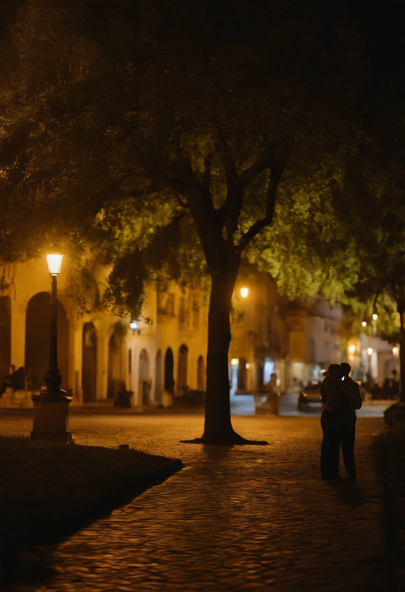 scenecy: A square located next to a busy avenue at night.
Personagem: Um homem baixo com uma camisa azul e short amarelo escuro.
Contexto: The man is standing near a sign with the inscription "#EU<3CARAÚBAS". Behind the sign, There's a carnauba tree.
Uplighting: Lampposts in the background of the scene illuminate the nighttime environment.