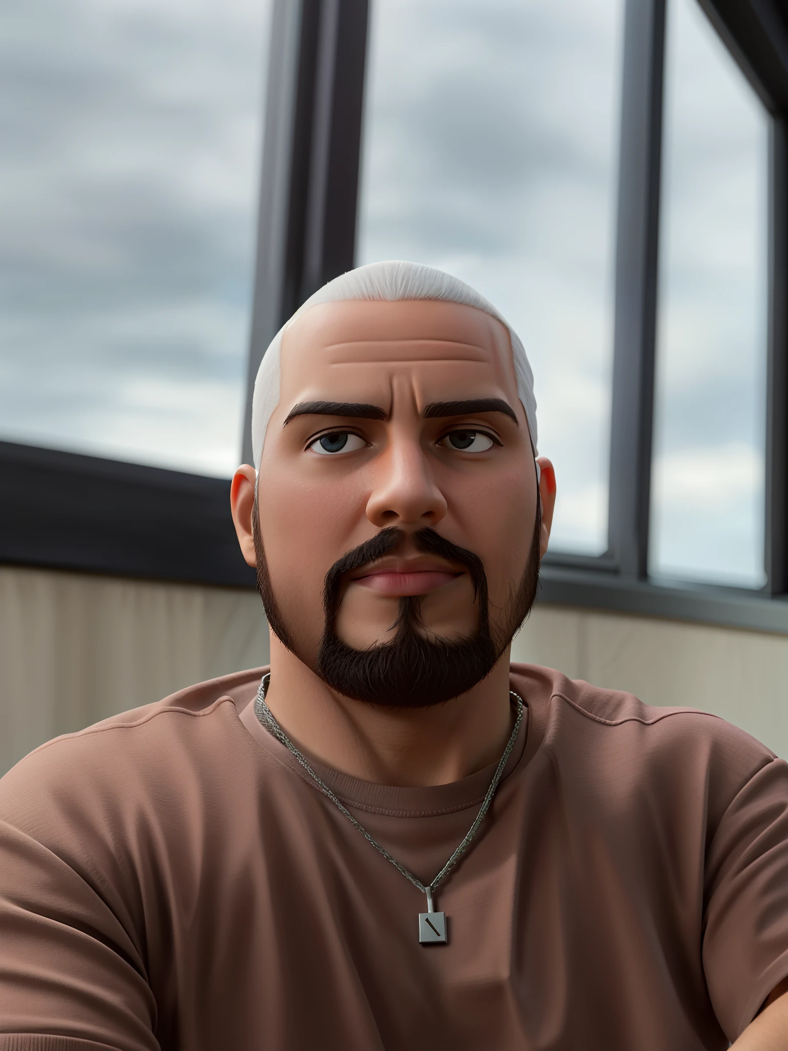 Estilo Disney,alta qualidade,master part,Homem de 37 anos,Single eyelid, negro,sorrir, small lips,sem cabelo, um jovem bonito , maintain consistency of action ,expression , garments , Photosh shape and appearance , Super Detalhe , Liquidificador , deflacionar , IP , caixa cega , cinematic edge lighting,camisetas pretas,Unique eyelids,Estrutura fina de vidro de metal cinza,Olhe para frente com os dois olhos,There is stubble,TIPos de faces redondas,sobrancelhas pequenas,Not cross-eyed curls,Glass, metal, thin-rimmed,Uma planta,Vasos