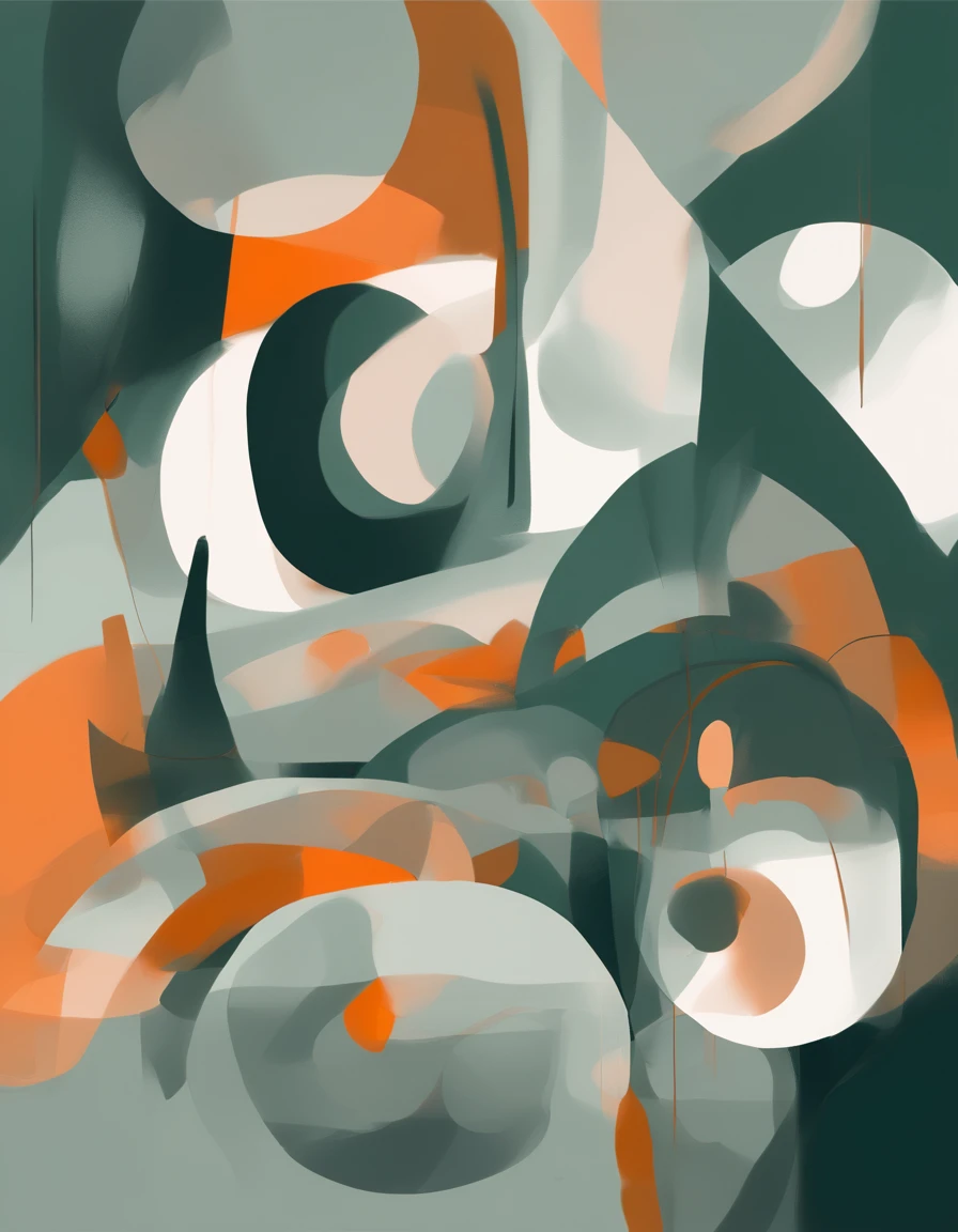Modern abstract painting, gris, Dark Green, Light Orange, Rounded asymmetrical abstract shapes, Harmonious colours, Professional Painting, hiquality