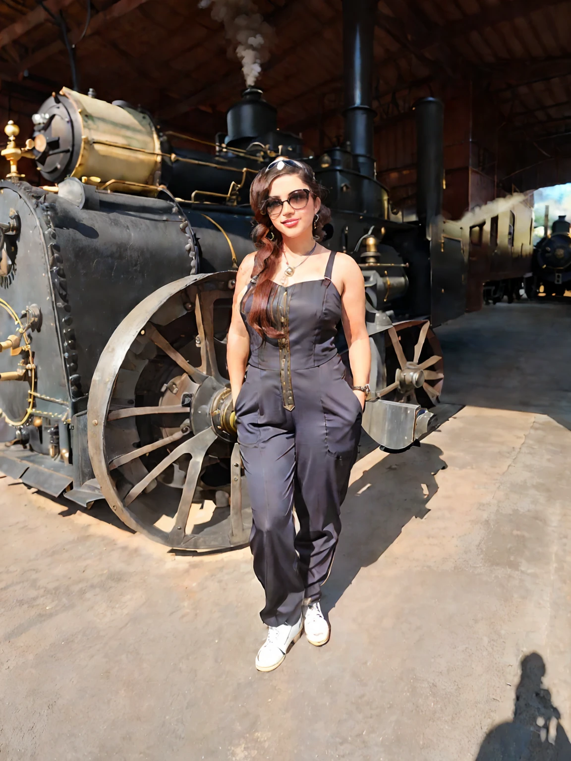 Woman standing in front of a steam engine in a museum, usando um sari Steampunk, wearing atompunk jumpsuit, em uma cidade distopia Steampunk, em vestido Steampunk detalhado, usando trajes Steampunk, estilo steampank, Steampunk!, Fotografia tirada em 2 0 2 3, Steampunk Inventor Girl, Steampunc, na California Adventure, menina bonito vestindo o terno do tanque, steam engine