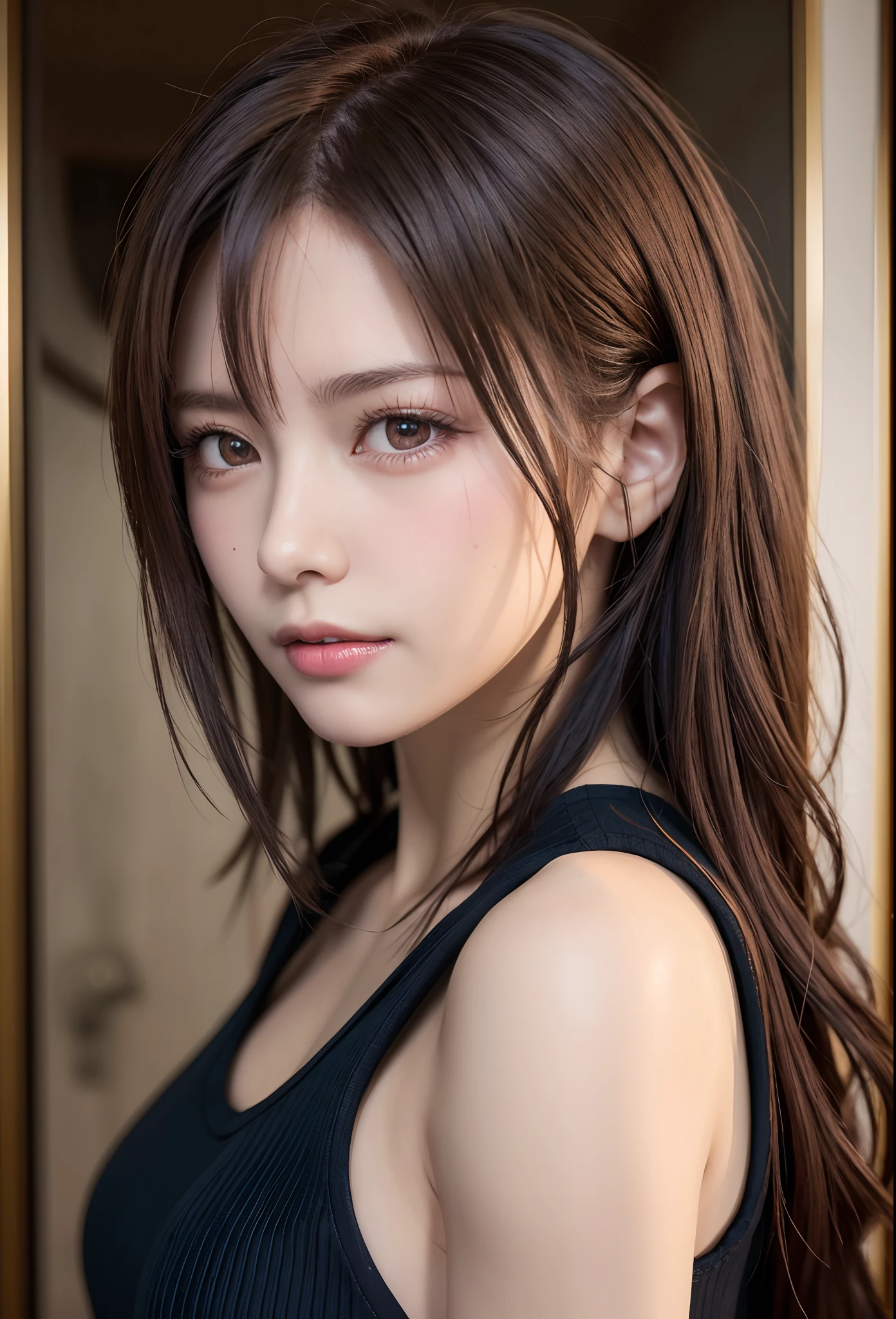 high quality picture, masutepiece, detailed hair texture, Detailed skin texture, Detailed Cloth Texture, 8K, Add fabric details, ultra detailed skin texture, ultra detailed photographic, Skin pores, Portrait of a girl, wearing tank top,