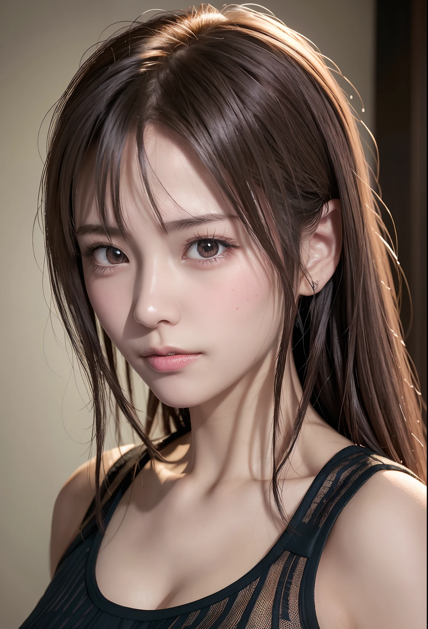 high quality picture, masutepiece, detailed hair texture, Detailed skin texture, Detailed Cloth Texture, 8K, Add fabric details, ultra detailed skin texture, ultra detailed photographic, Skin pores, Portrait of a girl, wearing tank top,