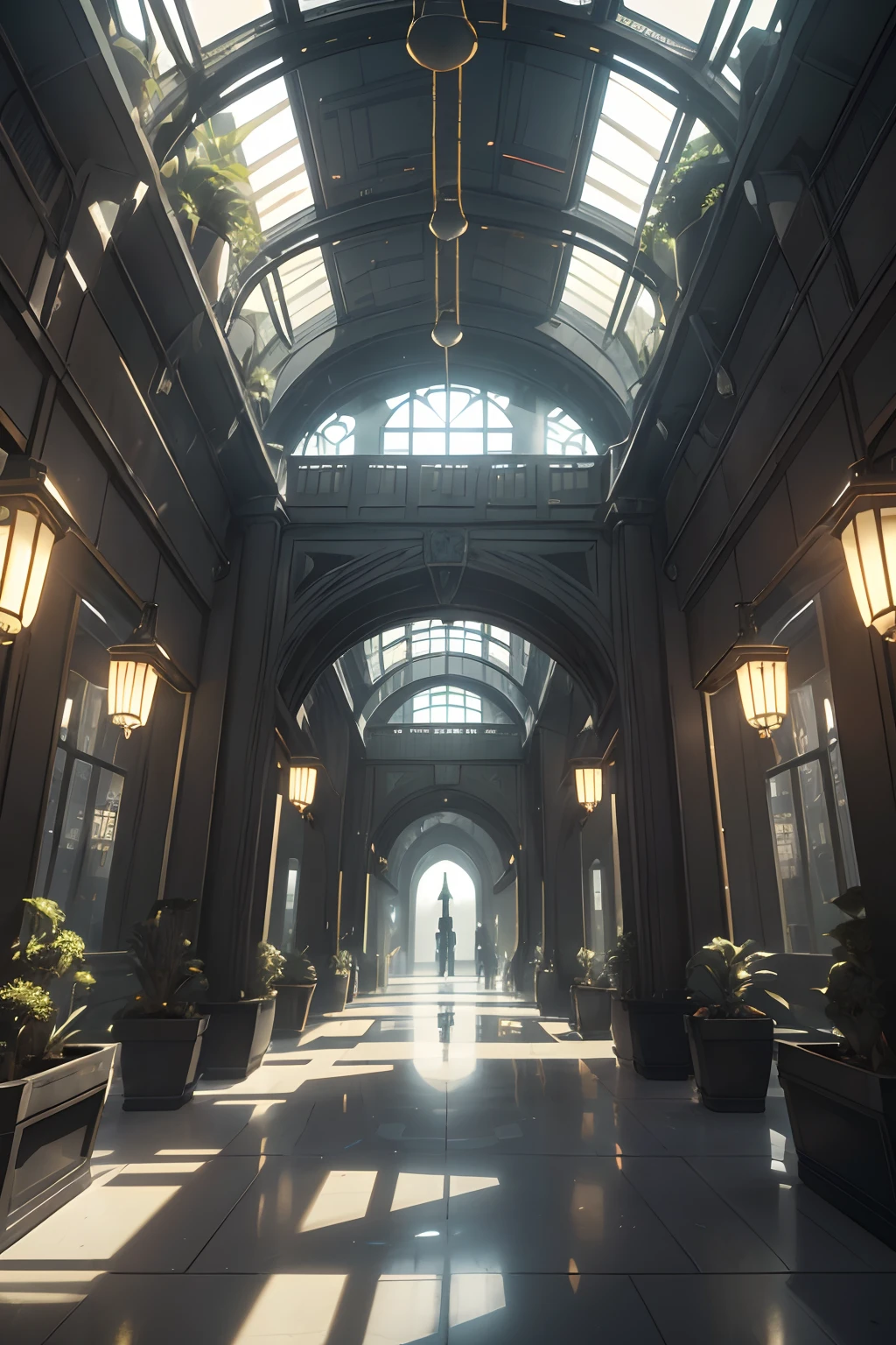 (Greenhouse),(Urbanized interior),(High, gigantic ceiling, high greenhouse),(Cybernetic data center),(Data control center, long corridor, polished stone floor, very high glass ceiling, lets in daylight), (Along arched walls - semicircular niches, cybernetic gothic), (server equipment in the side niches, cabinets with electronics, wires curling to the floor), (along the corridor there is exotic - alien vegetation (fern type - tropical species), vegetation is located along the walls, in massive cubic pots, Art Nouveau style). High under the ceiling are computer spheres, an artificial organism connected by many wires to server cabinets in the walls. The building is filled with a large number of plants, the greenhouse-data center is in the style of cyberpunk, ancient Gothic, and looks very modern. White and black plastic, aluminum, polished artificial stone, 3D architectural printing. The walls are decorated with complex geometric patterns. White and black with gold predominate in the main color range. The general stage is in twilight. The central part of the corridor is well-lit from above by a greenhouse glass ceiling. The shiny surface of the floor reflects surrounding objects. Lots of light bulbs - electronics. (Cyberpunk, futurism), (Ghost in the Shell style, Japanese anime.
Interior lighting, neutral-white light - warm shadows, matrix geometry, and secret symbolism decorate the floor. The high Gothic forms of the walls - the atmosphere of the future, an alien highly developed civilization, in the side naves there are electronic holograms. Warm bright - contrasting light, light clear shadows, clear image of details, texture, decor (high image quality), (Clear high-quality render), (unreal engine), SD quality, 8K. Stylization Animation, RiotGames, Lucas Arts, Japanese cyberpunk anime, Blade Runner. Sh.R. Giger "Alien".