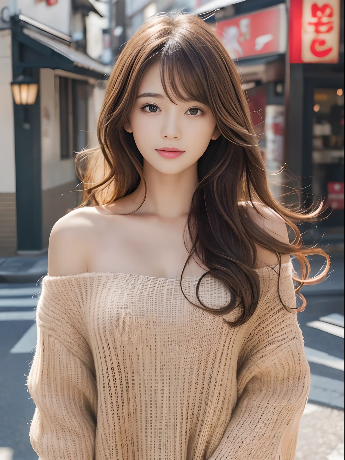 1girl in, (age19), Solo, Japanese ido、Long hair, Slightly larger, Looking at Viewer, long messy windy brown hair, eyes are brown, Bare shoulders, jewely, Full body, a necklace, off shoulders, Sweaters, Realistic, A sexy