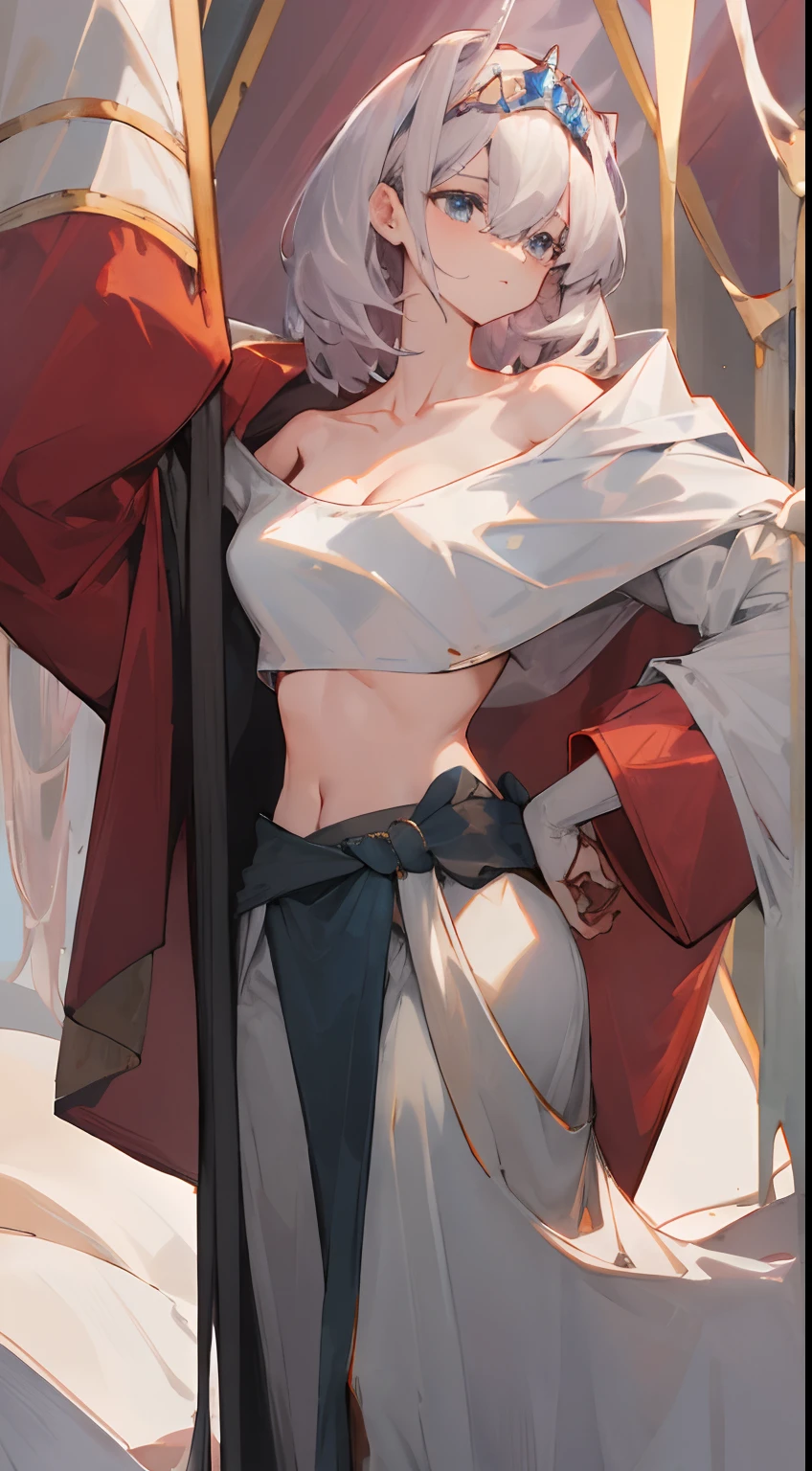 Leakage out of the collarbone，Neck leakage，a queen，tiara crown，cavalier，stand posture，standing straight，Leakage from the arm，Bare-armed，cropped shoulders