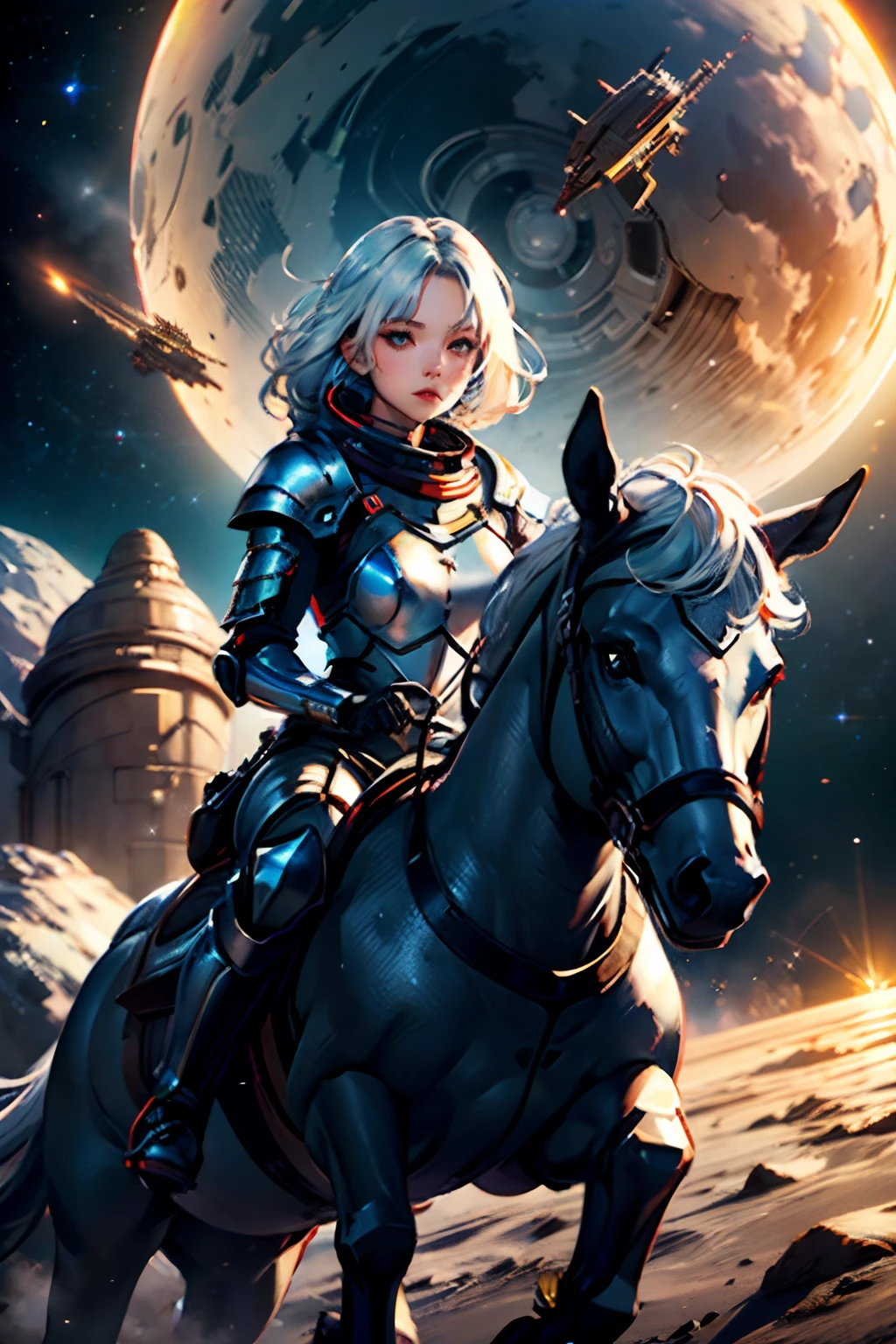 Top quality, ultra high resolution, (photorealistic: 1.4), jumpsuit, sci-fi space background, circuit plate mail, medium breasts, realistic world, outdoors, light hair, armour, space, knight, robot horse, white hair, 1girl,