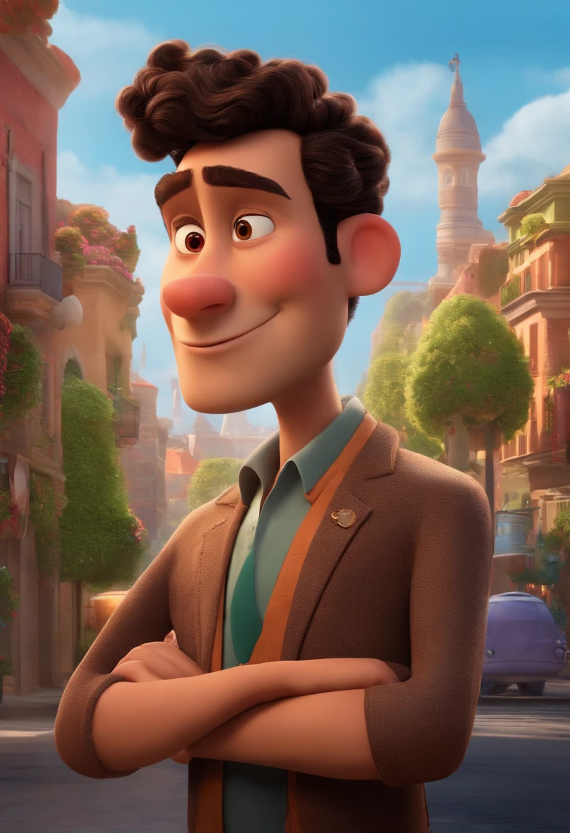 A city councilman looking at a dream project inspired by Pixar animation, de perto. The character takes center stage with captivating facial expressions, oferecendo um toque de irrealidade