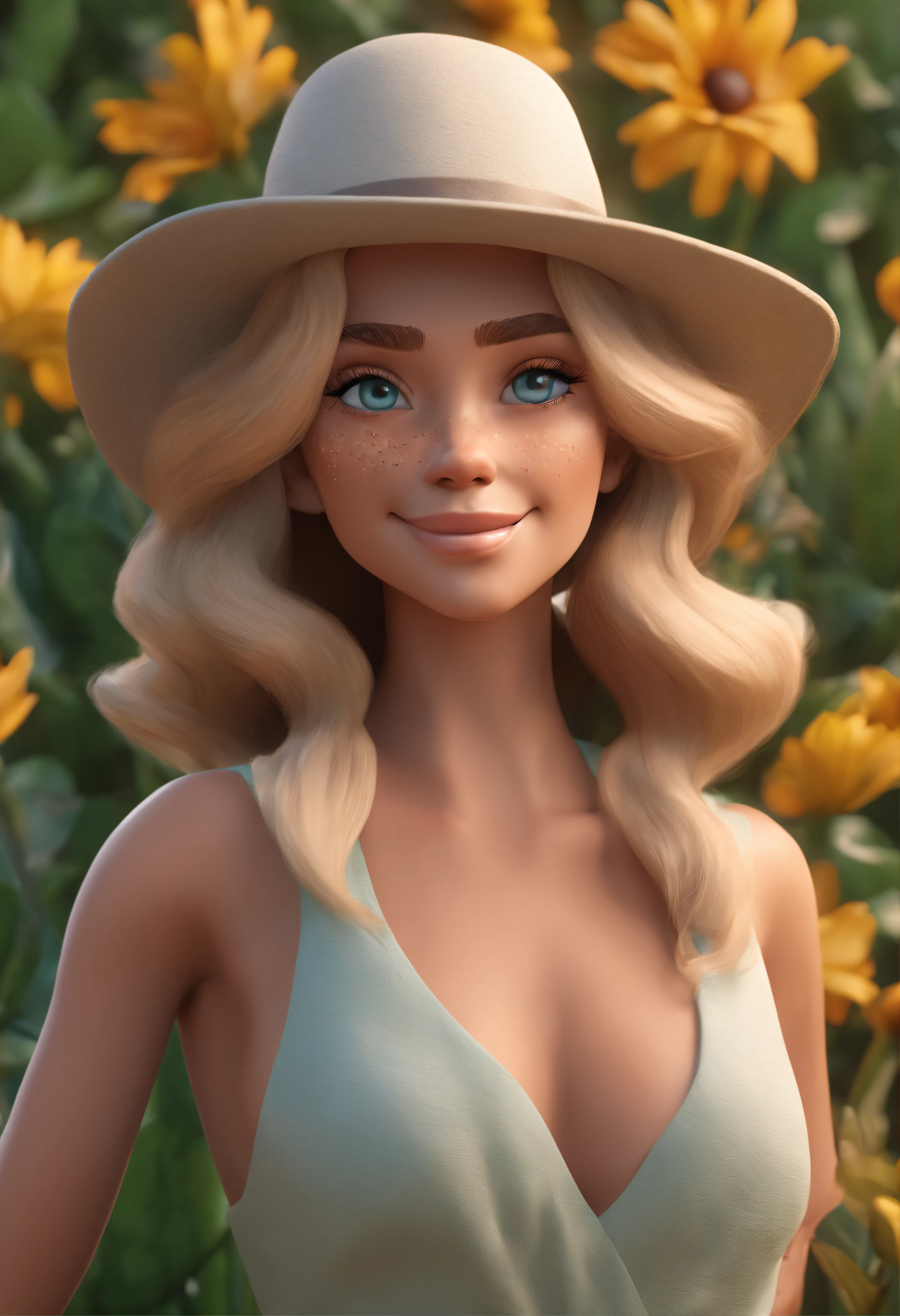 Cartoon character of a green-eyed blonde woman with tattoo on her arm of flowers and with straw hat, animation character, Caractere estilizado, animation style rendering, 3D estilizado, 3 d render stylized, toon render keyshot, Personagem 3D, Personagem 3D, 3d rendering stylized, 3 d character render, personagem de desenho animado, Personagem de close up, Pose de personagem,  (Estilo Pixar) (master part:1.2) (Bokeh) (best quality) (pele detalhada) (textura detalhada) (8k) (argila) (Cinematic lighting) (foco nítido