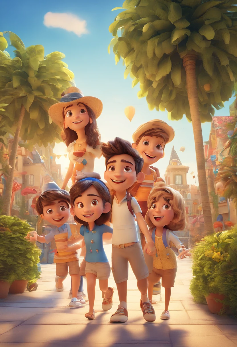 Cartoon of friends having fun on vacation together, 3D Animation Movie Poster, Poster de filme animado, pixar 3 d animation style, pixar renderman rendering, maia 8 mil, animated film, Disney Pixar Estilo 3D, amigos felizes saem juntos, all wearing light blue shirts and cream brown long pants, camisa azul clara, cream brown pants, ao ar livre, vacation, Disney Pixar Animation Poster