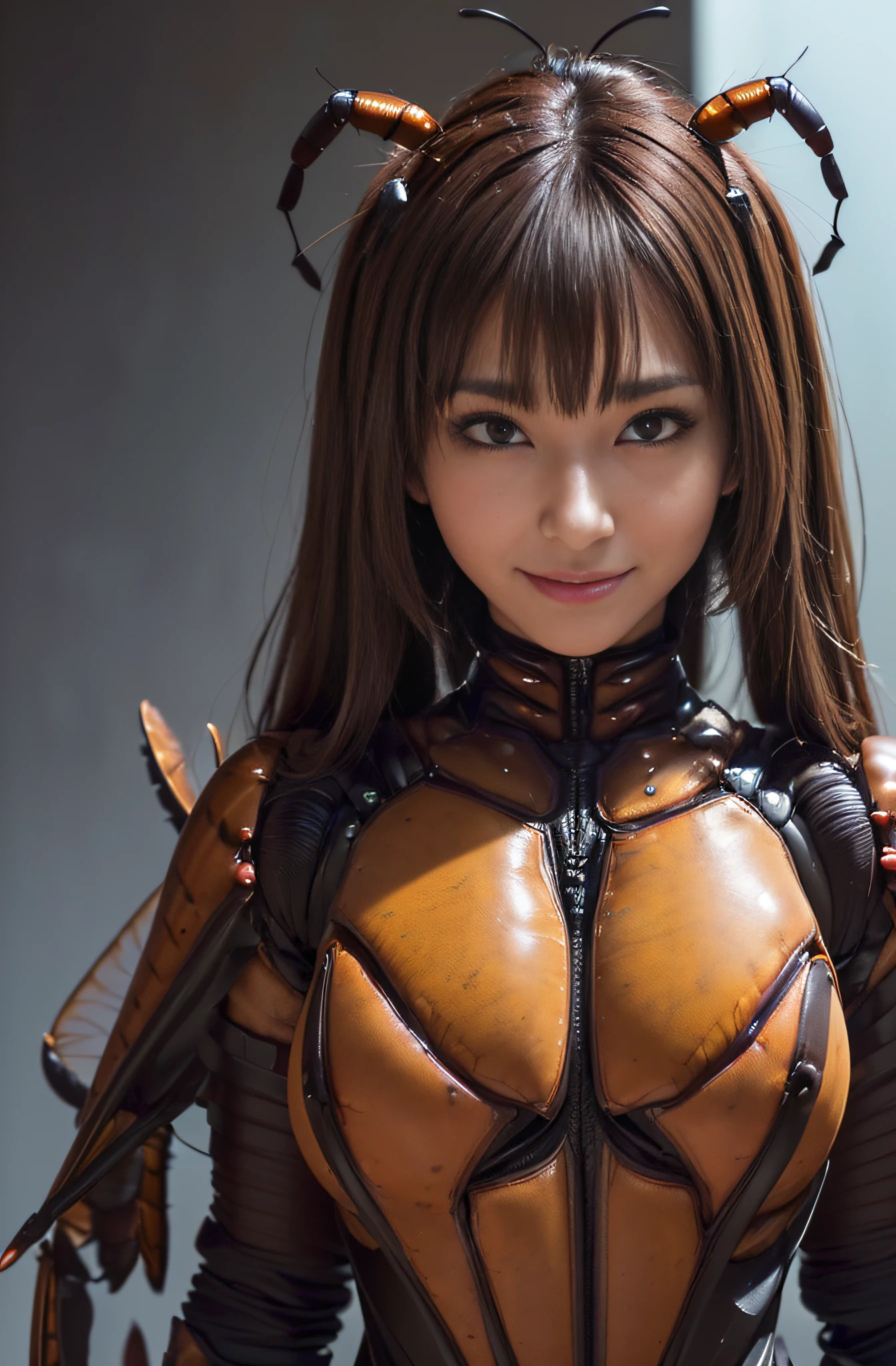(High resolution,masterpiece,highest quality,Very detailed CG, anime, official art:1.4), realistic, photograph, amazing detail, all complicated, luster and luster,great many layers, 8k wallpaper, 3D, sketch, cute, figure,( alone:1.4), perfect female proportions,villain's daughter, (Fusion of dark brown cockroach and lady:1.4), (brown cockroach form lady:1.2), (brown cockroach woman:1.2), (Fusion:1.2), (alone:1.4), (evil smile:1.2), muscular, abs, (Cockroach brown exoskeleton bio insect suit:1.4), (Cockroach brown exoskeleton bio insect armor:1.2), (brown transparent cockroach feathers:1.4), (brown cockroach antenna:1.3),
