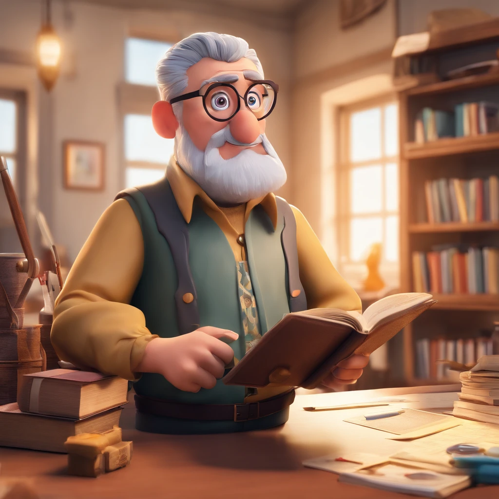 Crie um cartaz inspirado na Disney Pixar com o personagem sendo o pastor Rubens Janier, A gray-haired man wearing glasses, in an office with a Bible on the table, Looking forward and serious