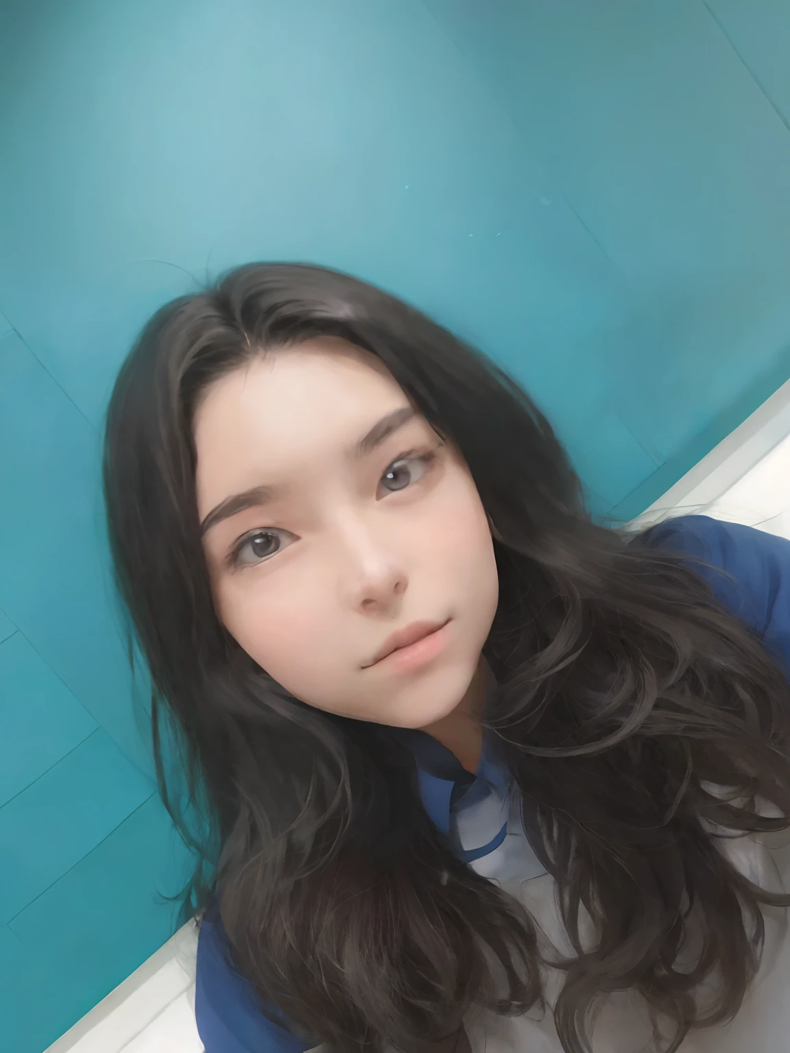 com cabelo comprido e camisa azul posando para uma foto, 18 anos, imagem de qualidade muito baixa, 1 6 anos, ela tem cerca de 1 6 anos de idade, fotografia de baixa qualidade, Xision Wu, Imagem, taken in the early 2020s, Fotografia tirada em 2 0 2 0, foto selfie, staring directly at camera