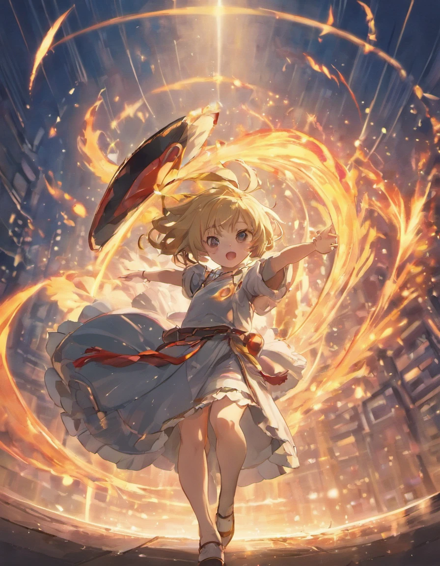 sorcerer、girl with、a blond、Akame、Large triangular hat、frilld、Dress with black ruffles、White apron on skirt、Braids on the sides、bob cuts、Clothes are clothes、The body is smart、About 、starrysky、Riding a broom、Proud look