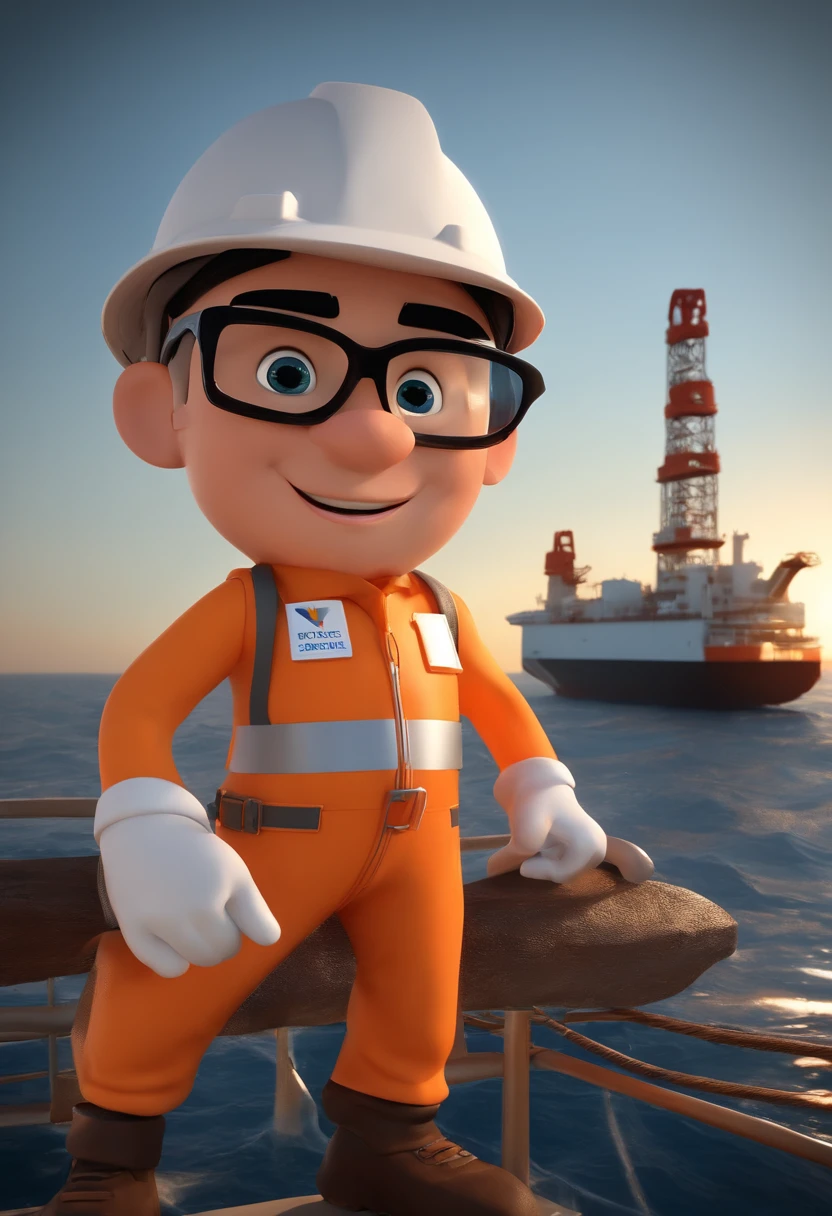 Cartoon character of a man with black glasses and a orange coverall, white hardhat, in a offshore oil FPSO, a small brazil flag in the left shirtsleeve, animation character, Caractere estilizado, animation style rendering, 3D estilizado, Arnold Maya render, 3 d render stylized, toon render keyshot, Personagem 3D, Personagem 3D, 3d rendering stylized, 3 d character render, personagem de desenho animado, Personagem de close up, Pose de personagem, (Estilo Pixar) (master part:1.2) (Bokeh) (best quality) (pele detalhada) (textura detalhada) (8k) (argila) (Cinematic lighting) (foco nítido