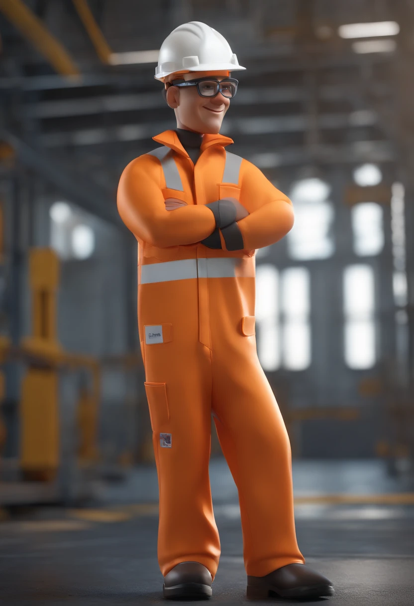Cartoon character of a man with black glasses and a orange coverall, white hardhat, in a offshore oil FPSO, a small brazil flag in the left shirtsleeve, animation character, Caractere estilizado, animation style rendering, 3D estilizado, Arnold Maya render, 3 d render stylized, toon render keyshot, Personagem 3D, Personagem 3D, 3d rendering stylized, 3 d character render, personagem de desenho animado, Personagem de close up, Pose de personagem, (Estilo Pixar) (master part:1.2) (Bokeh) (best quality) (pele detalhada) (textura detalhada) (8k) (argila) (Cinematic lighting) (foco nítido