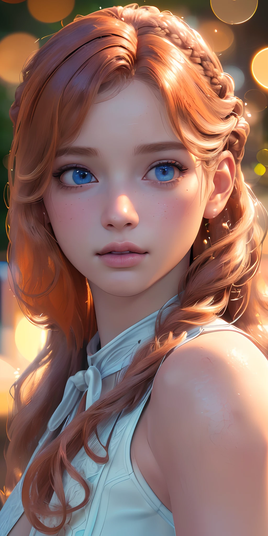 (best quality,4k,8k,highres,masterpiece:1.2),ultra-detailed,(realistic,photorealistic,photo-realistic:1.37), 1girl, (intricate details), upper body, beautiful detailed eyes, beautiful detailed lips, extremely detailed eyes and face, long eyelashes, ginger hair, wavy hair, looking at viewer, bokeh, french braid, vivid colors