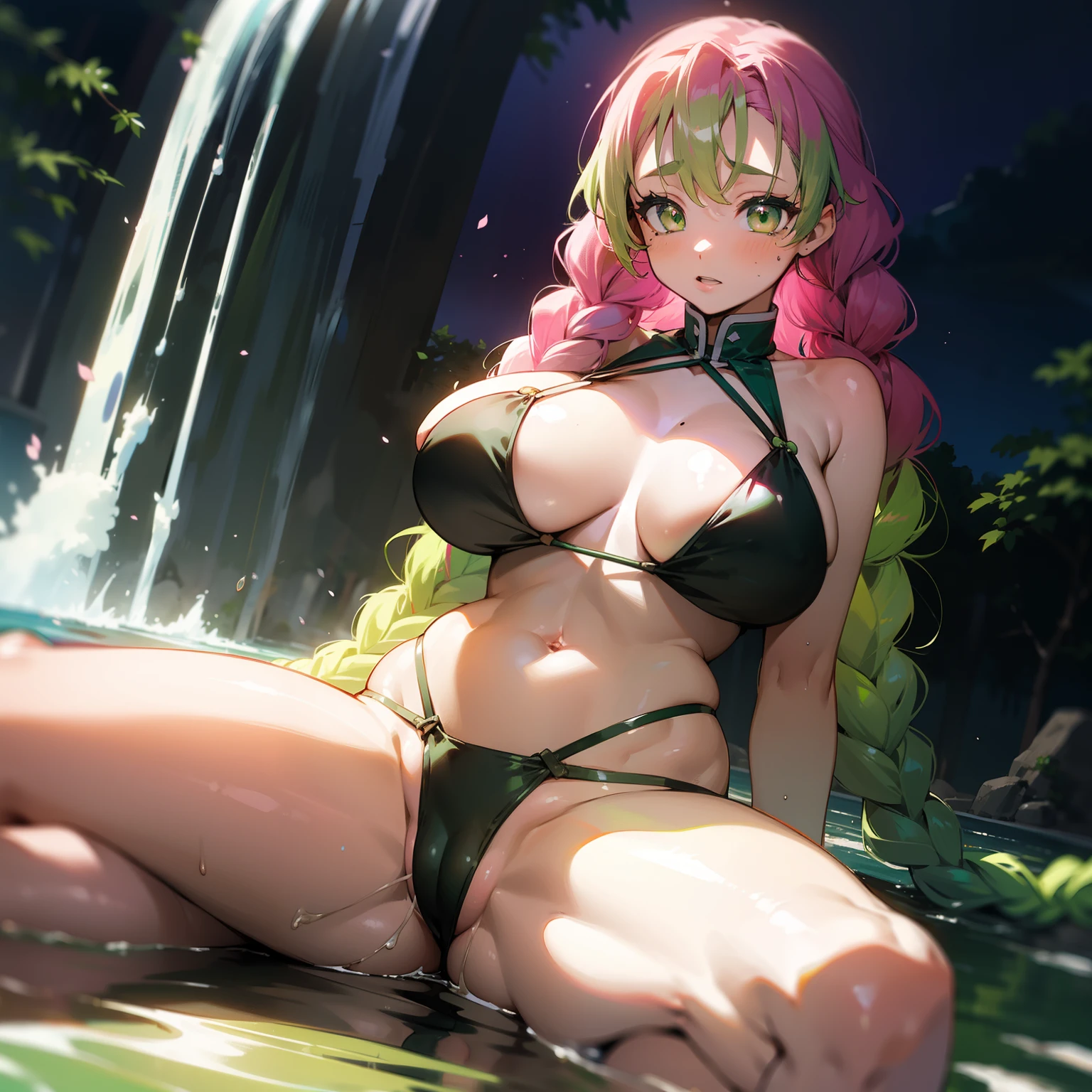mitsurikanroji, mitsuri kanroji, braid, gradient hair, (green eyes:1.5), green hair, long hair, mole, mole under eye, multicolored hair, pink hair, twin braids, two-tone hair, In the lake next to the waterfall. the night, Fireflies. Sakura. cherry blossoms. Huge tits, sexy, bikini,, Sits, spread legs