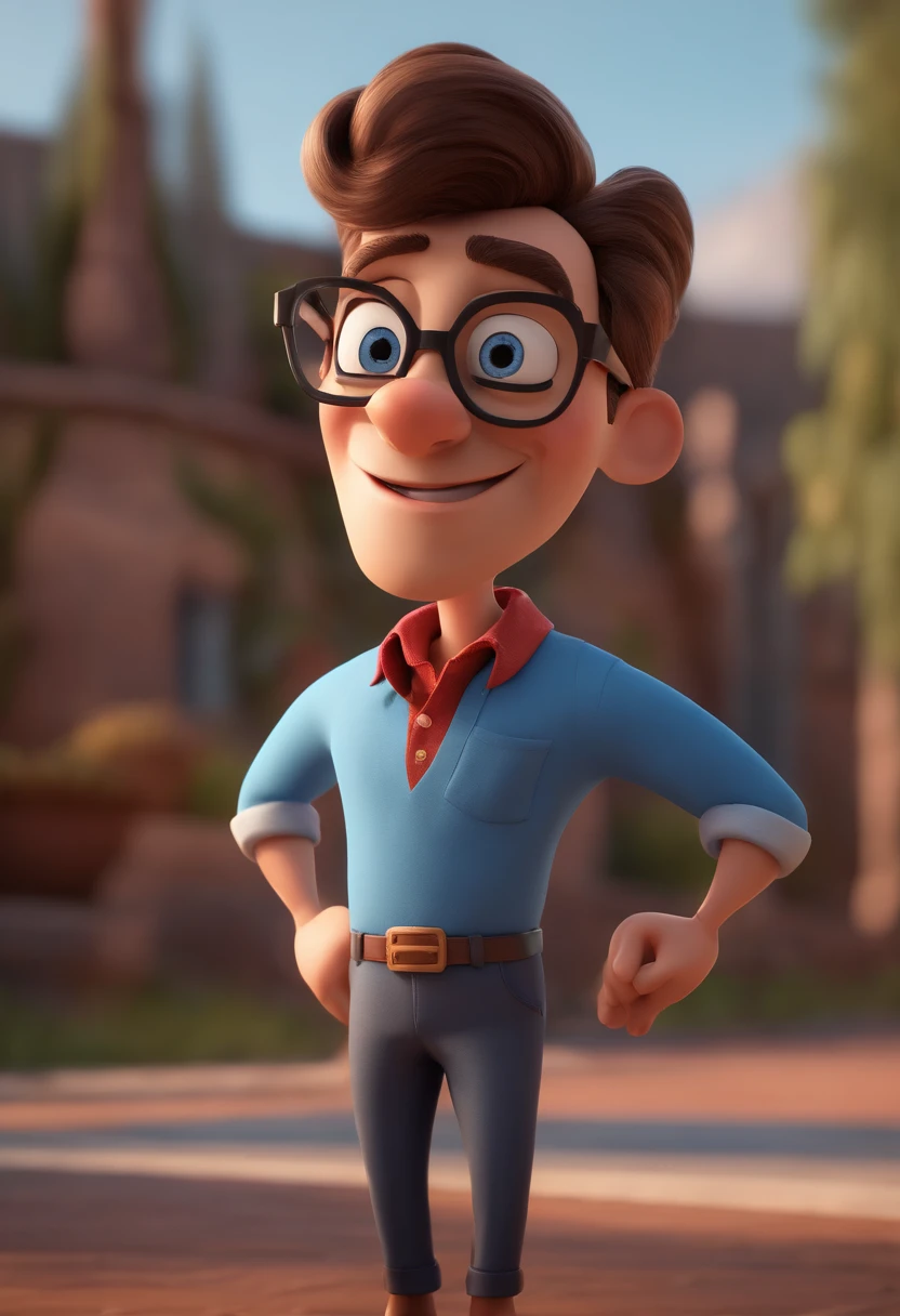 Cartoon character of a man with black glasses and a blue shirt, animation character, Caractere estilizado, animation style rendering, 3D estilizado, Arnold Maya render, 3 d render stylized, toon render keyshot, Personagem 3D, Personagem 3D, 3d rendering stylized, 3 d character render, personagem de desenho animado, Personagem de close up, Pose de personagem,  (Estilo Pixar) (master part:1.2) (Bokeh) (best quality) (pele detalhada) (textura detalhada) (8k) (argila) (Cinematic lighting) (foco nítido