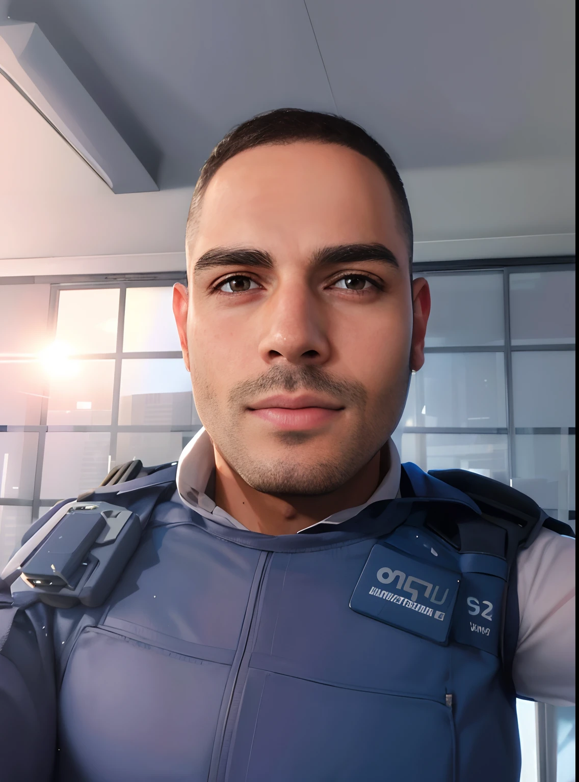 Homem fardado com distintivo no peito, Fotografia selfie 8k, security agent, taken in the early 2020s, full body camera shot, 3 2 anos, david rios ferreira, cerca de 3 5 anos, icaro carvalho, front facing the camera, selfie de um homem, 1 / 2 headshot