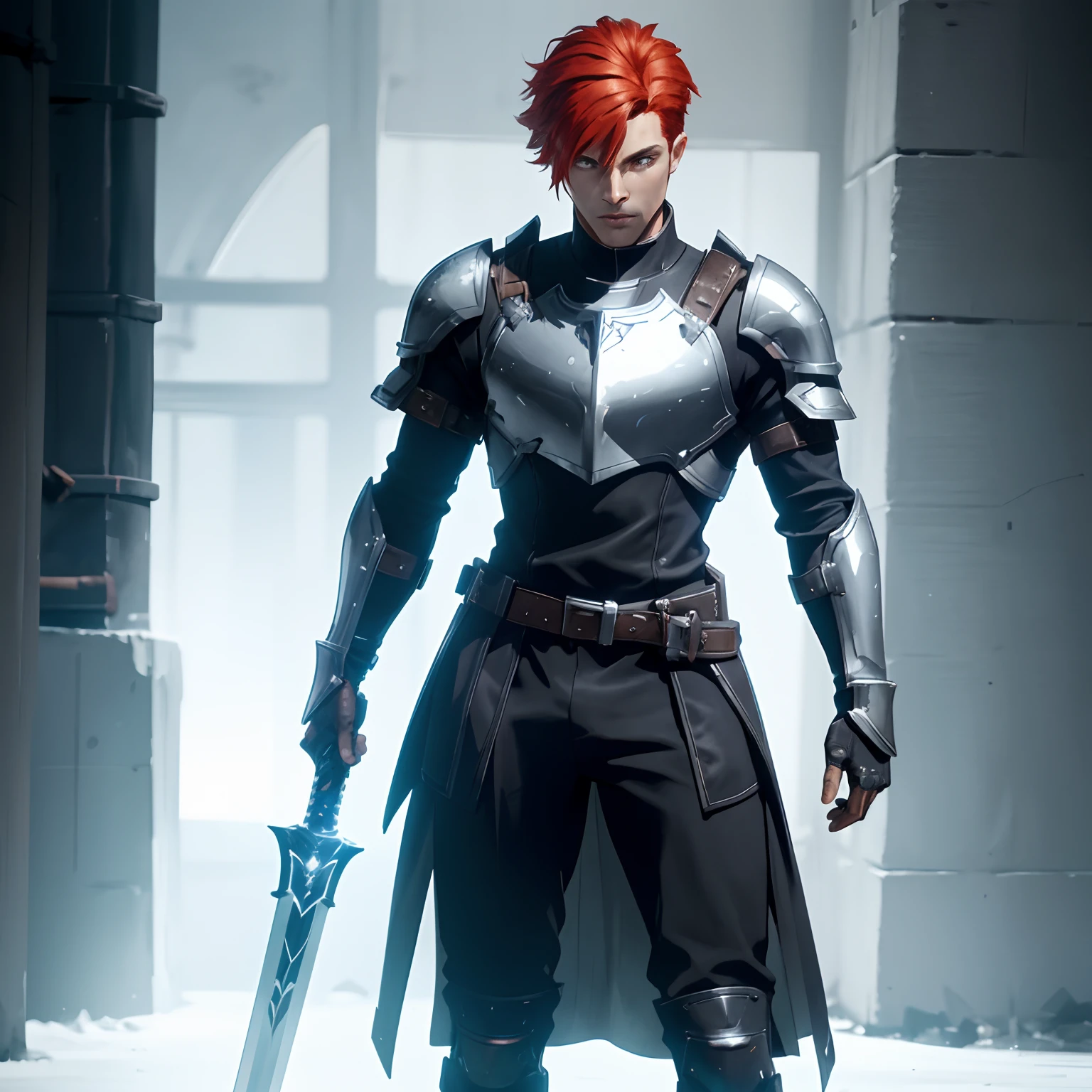 there is a man in armor holding a sword in a room, redhead templar, attractive male with armor, portrait of female paladin, male paladin, a human male paladin, picture of female paladin, full portrait of magical knight, attractive beefy male with armor, wearing techwear and armor, aredhead man in a silver suit of armor, with orange brown hair, sleek armor, leather clothes under the armor, leather scifi armor, black shirt underneath armor, flowing robes and leather armor, sleek silver armor, slick leather armor, wearing sleek armor, wearing leather assassin armor, very stylish fantasy armor, human male, paladin warrior,short red hair, in minimalist armor, black and ice silver color armor, full body concept, full body art, detailed full body concept art, new costume design, full body, with a light leather armor, full body art, detailed full body concept, pale blue armor, minimal shoulder armor, small shoulders, single person, one body,