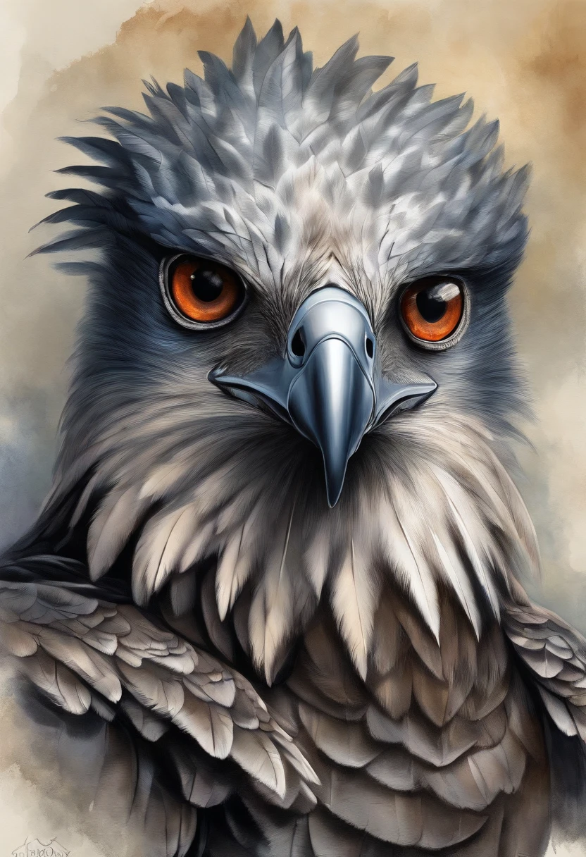 Maximum quality, dramatic lighting, threatening pose, fierce expression, Epic atmosphere, (((Helmet in the shape of Harpy eagle's head))), (((Prise de vue du corps entier))),A metal Harpy eagle, Cyborg, Style cyberpunk, rouage, ((Intricate details)), Hdr, ((Intricate details, hyperdetailed)), Incandescent lamps, cinematic shot, Vignette, Effet bokeh Beckground, (Canines), (Prise de vue du corps entier).