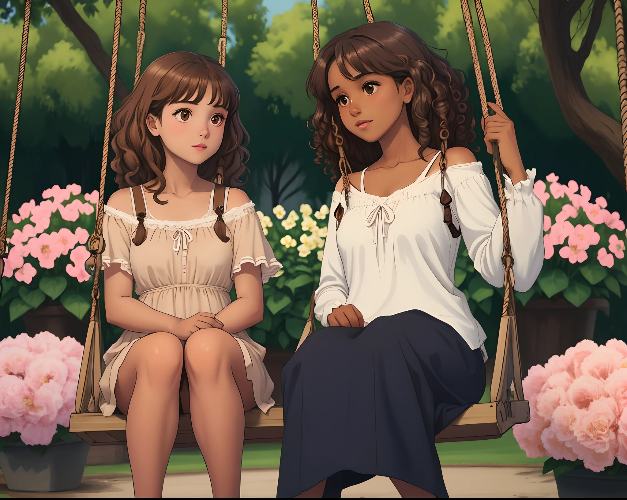 A girl with brown curly hair and dark eyes, brown skin, sitting on a swing full of flowers