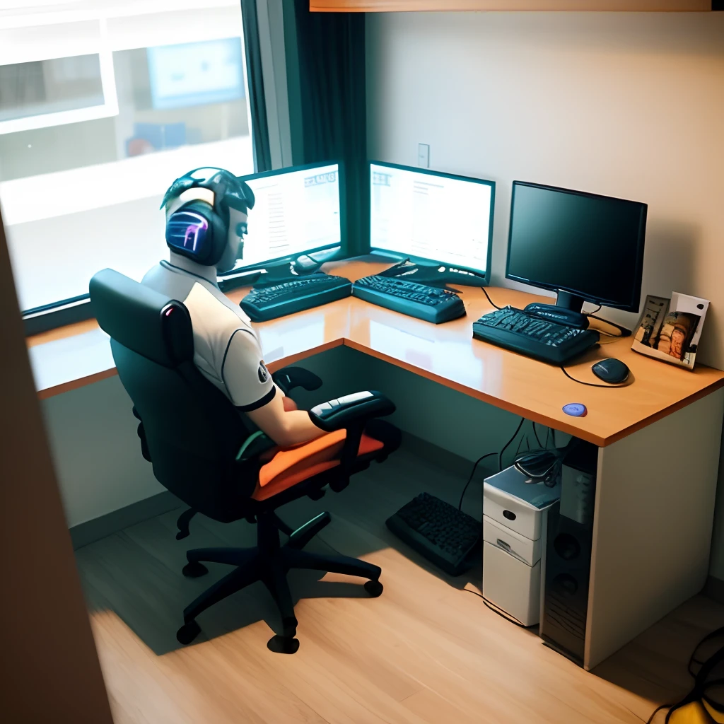 O tio patinhas, sentado em uma cadeira gamer, in an office, Lots of gamer décor, com a 2 telas de computador, Computer Screens with Forex Chart, a lot of money on the floor.