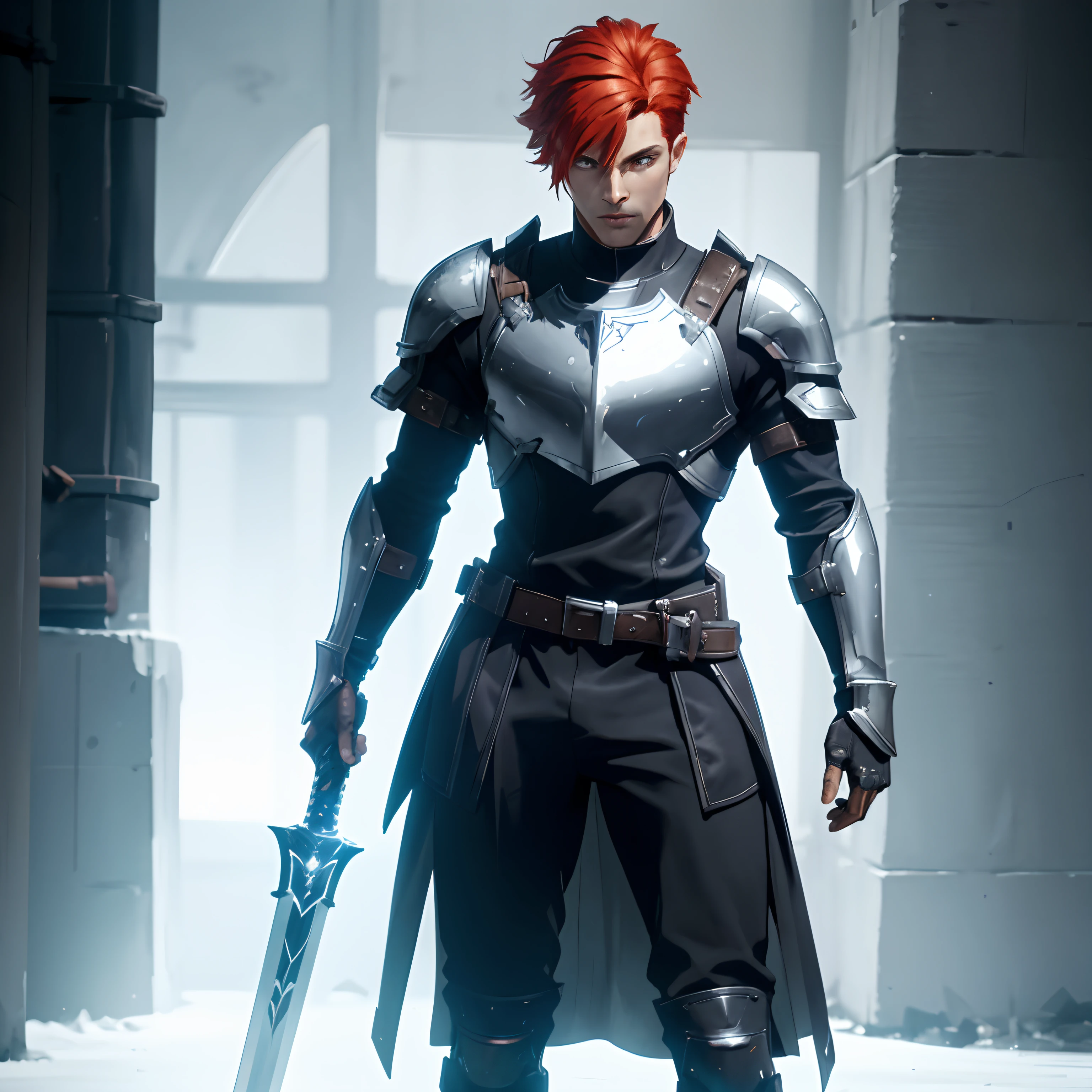 there is a man in armor holding a sword in a room, redhead templar, attractive male with armor, portrait of female paladin, male paladin, a human male paladin, picture of female paladin, full portrait of magical knight, attractive beefy male with armor, wearing techwear and armor, aredhead man in a silver suit of armor, with orange brown hair, sleek armor, leather clothes under the armor, leather scifi armor, black shirt underneath armor, flowing robes and leather armor, sleek silver armor, slick leather armor, wearing sleek armor, wearing leather assassin armor, very stylish fantasy armor, human male, paladin warrior,short red hair, in minimalist armor, black and ice silver color armor, full body concept, full body art, detailed full body concept art, new costume design, full body, with a light leather armor, full body art, detailed full body concept, pale blue armor, minimal shoulder armor, small shoulders, single person, one body,