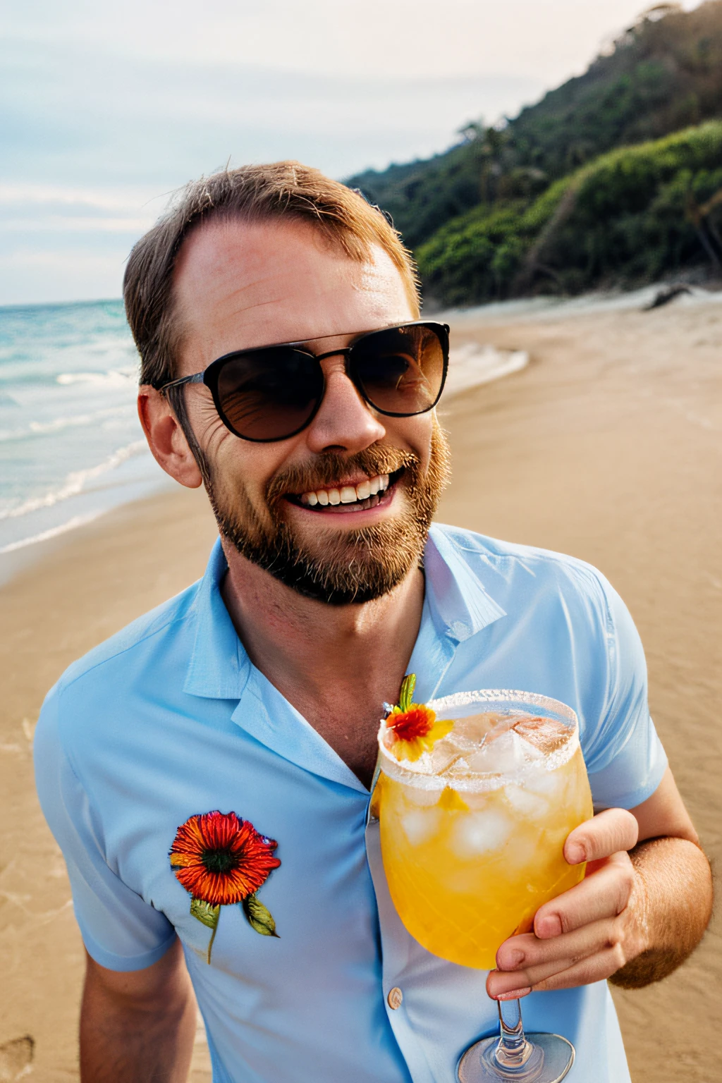 a 40 years old white man wearing a flower shirt drinking a cocktail on the beach, happy face, sunglasses