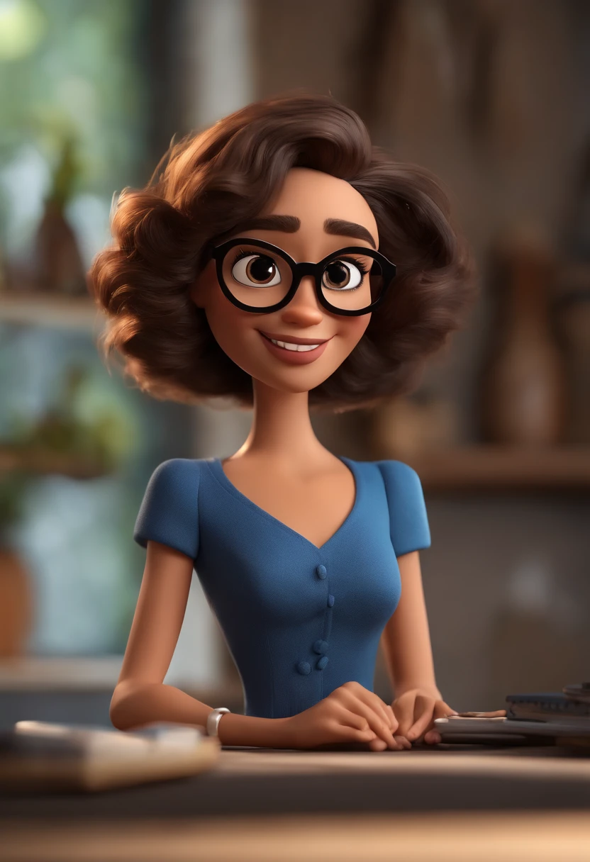 Cartoon character of a woman wearing black glasses and a blue shirt, um personagem animado, Caractere estilizado, animation style rendering, 3D estilizado, Arnold Maya render, 3 d render stylized, toon render keyshot, Personagem 3D, Personagem 3D, 3d rendering stylized, 3 d character render, personagem de desenho animado, Personagem de close up, Pose de personagem, (Estilo Pixar) (master part:1.2) (Bokeh) (best quality) (pele detalhada) (textura detalhada) (8k) (argila) (Cinematic lighting) (foco nítido，Senta e vaza a parte superior do corpo