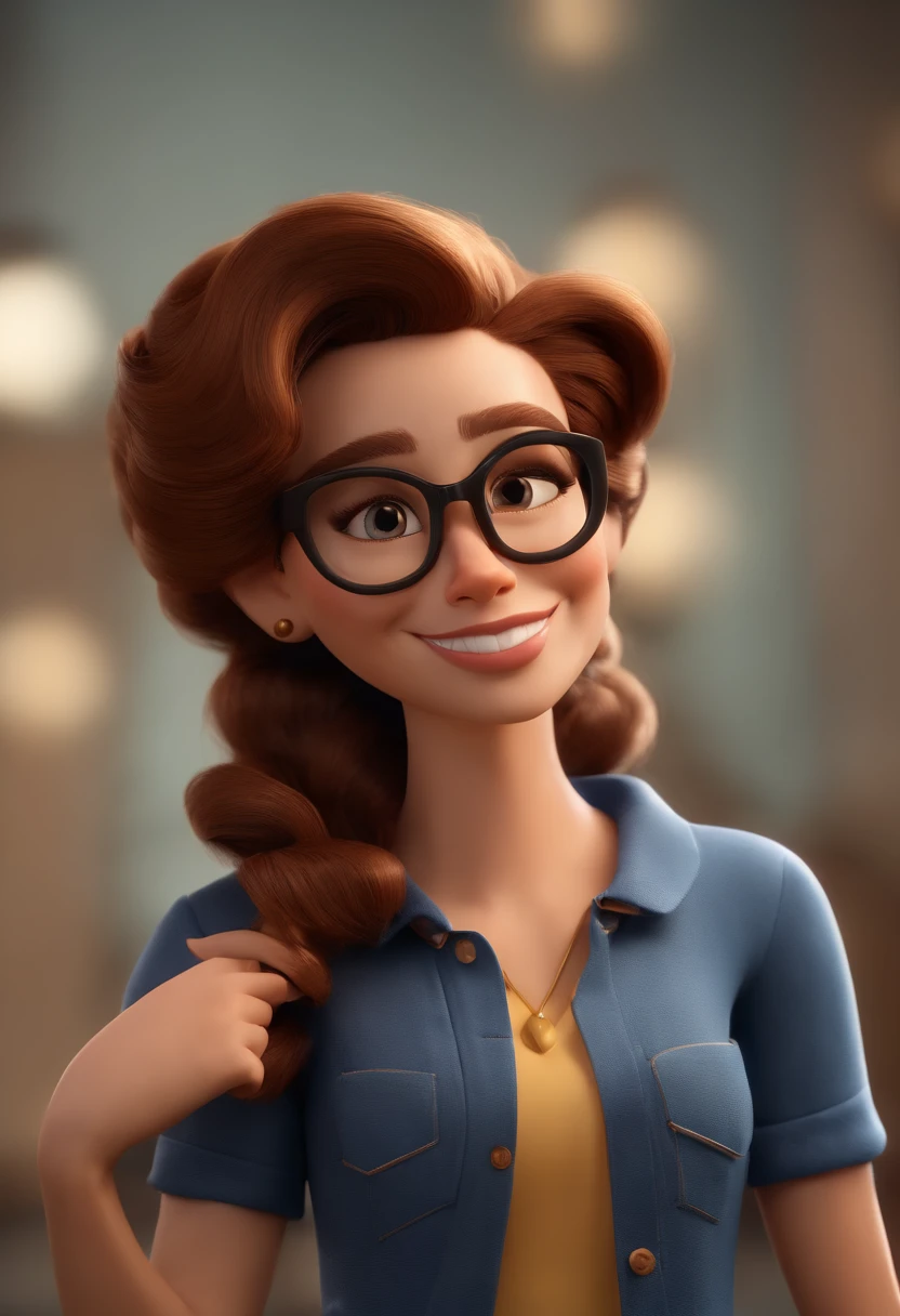 Cartoon character of a woman wearing black glasses and a blue shirt, um personagem animado, Caractere estilizado, animation style rendering, 3D estilizado, Arnold Maya render, 3 d render stylized, toon render keyshot, Personagem 3D, Personagem 3D, 3d rendering stylized, 3 d character render, personagem de desenho animado, Personagem de close up, Pose de personagem, (Estilo Pixar) (master part:1.2) (Bokeh) (best quality) (pele detalhada) (textura detalhada) (8k) (argila) (Cinematic lighting) (foco nítido，Senta e vaza a parte superior do corpo