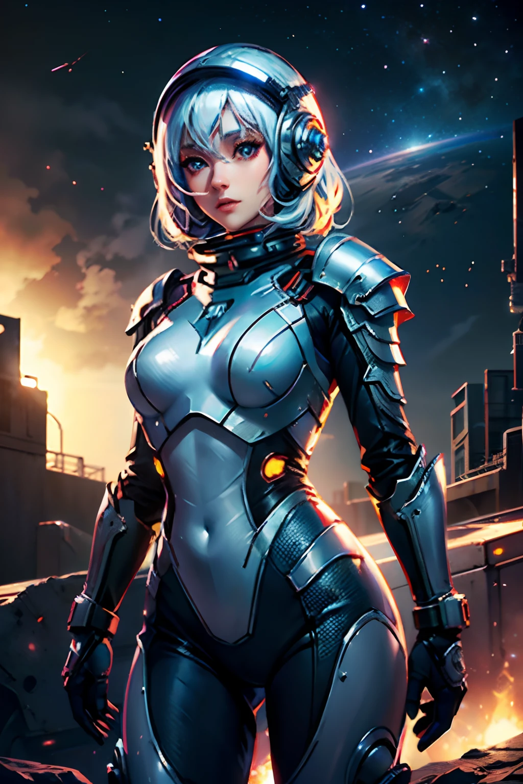 Top quality, ultra high resolution, (photorealistic: 1.4), jumpsuit, sci-fi space background, circuit plate mail, medium breasts, realistic world, outdoors, light hair, armour, space, knight, robot horse, white hair, 1girl,