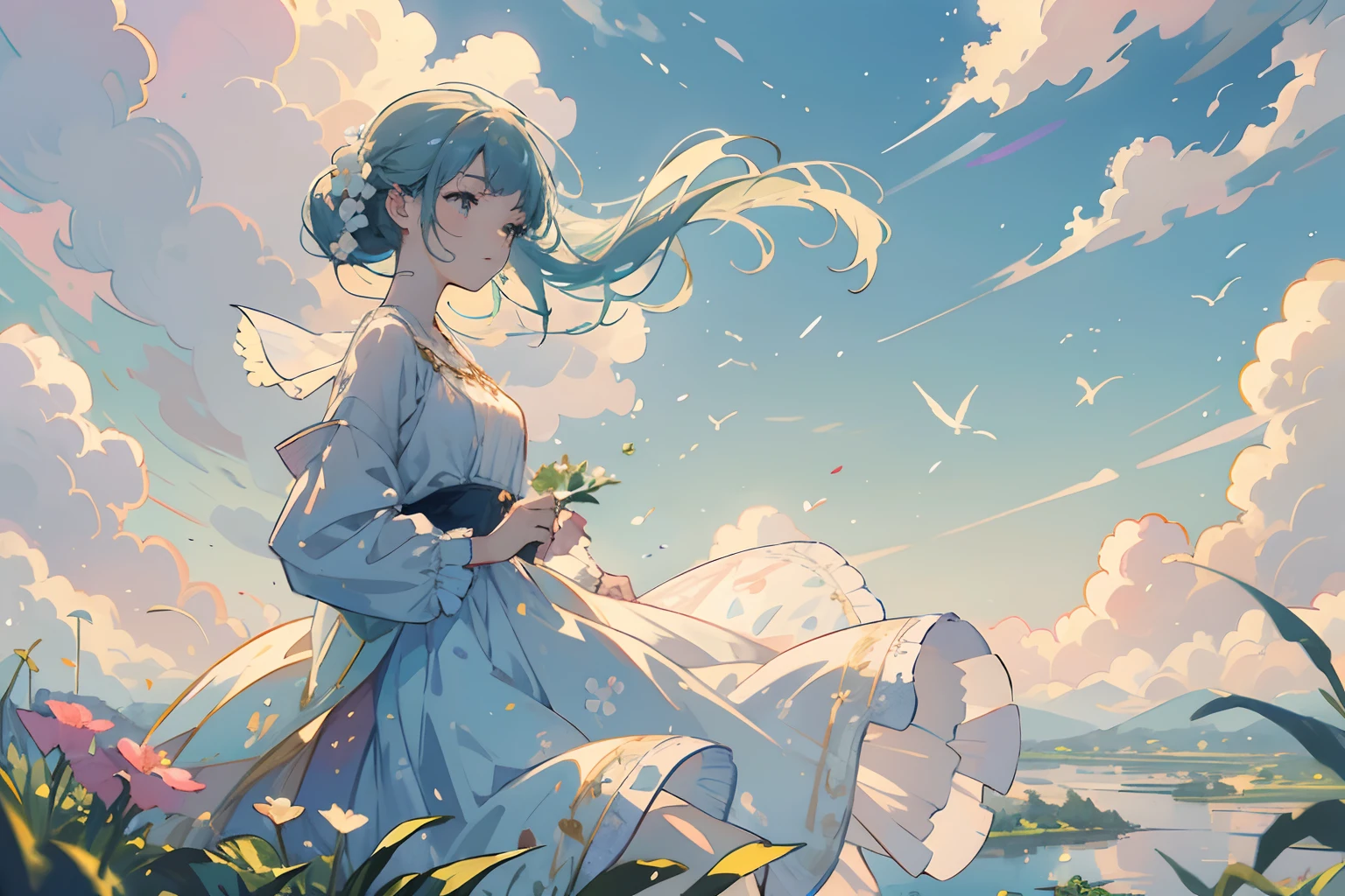 (best quality,illustration,masterpiece:1.2,high-res:1.1),illustration,1girl,cute, floral,cloud,bird,flowers in herhair,peaceful scene,soft sunlight,harmonious colors,vibrant atmosphere,dreamy,vivid details,gentle breeze,fairytale-like,delicate lines,pastel colors,serene,vibrant blue sky,serene expression,beautiful landscape,serenity,harmony,blissful,garden scenery,pleasant,magical,tranquil,charming,whimsical