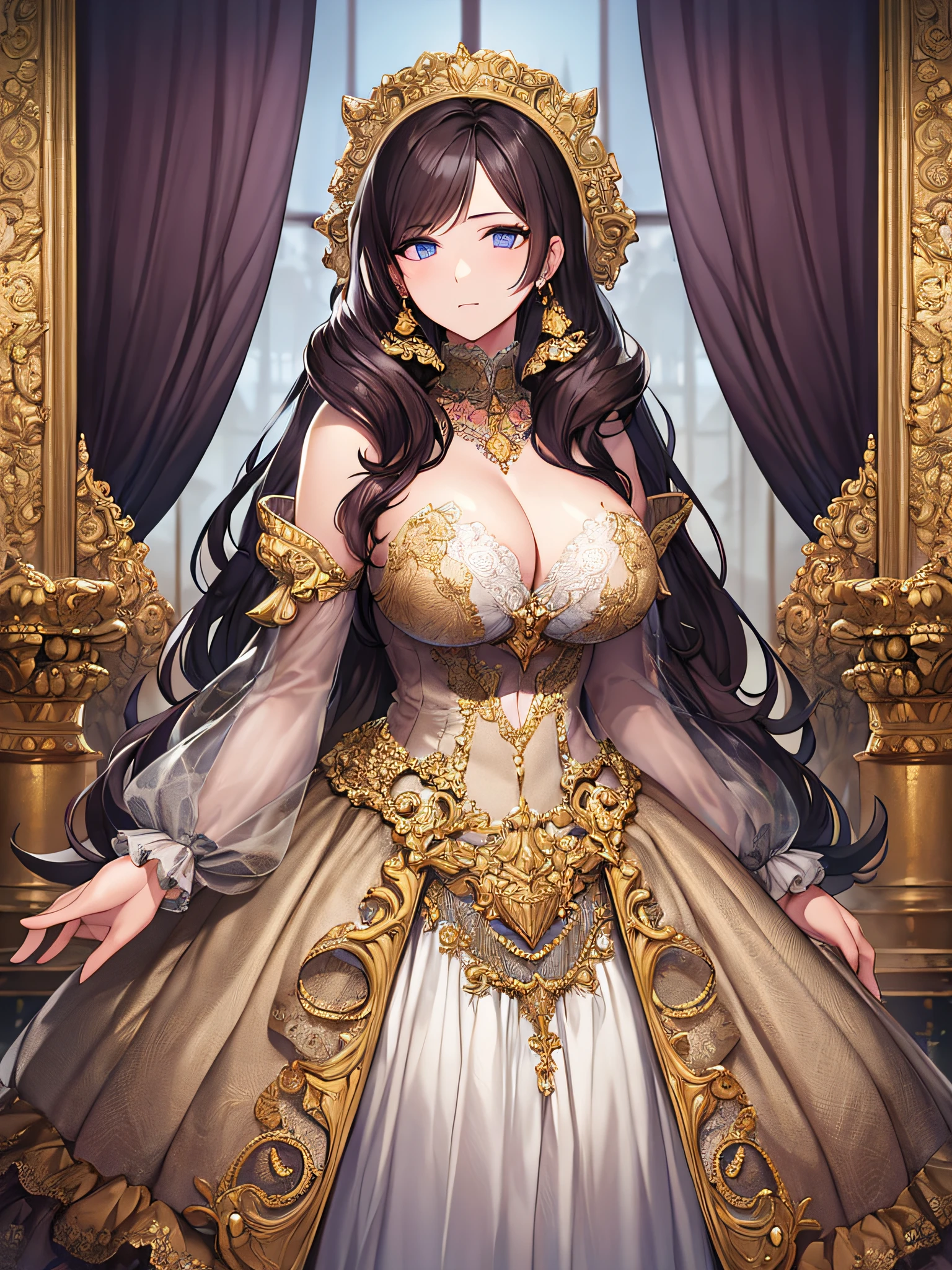 best quality, masterpiece, best definition, artwork, super detailed, many details, details, detailed, woman, 20 years, full body, full body, ball gown, super detailed dress, long dress, dress with many ruffles, dress with many bows,rococo dress, detailed rococo dress, rococo dress with bows,ruffles, perfect skin, whole body,