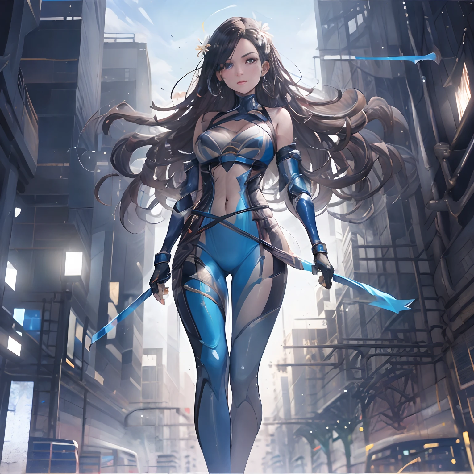 Breathtaking photo in tight suit with Kitana steel fans, Perfect Action Composition, pintura hiper detalhada, complexo, Arte 32k por DamShelma, WLOP, Kombat mortal, dramatic lighting, Arte intrincadamente detalhada, cores triádicas Unreal Engine 5, Arte colorida profunda, circunstanciado