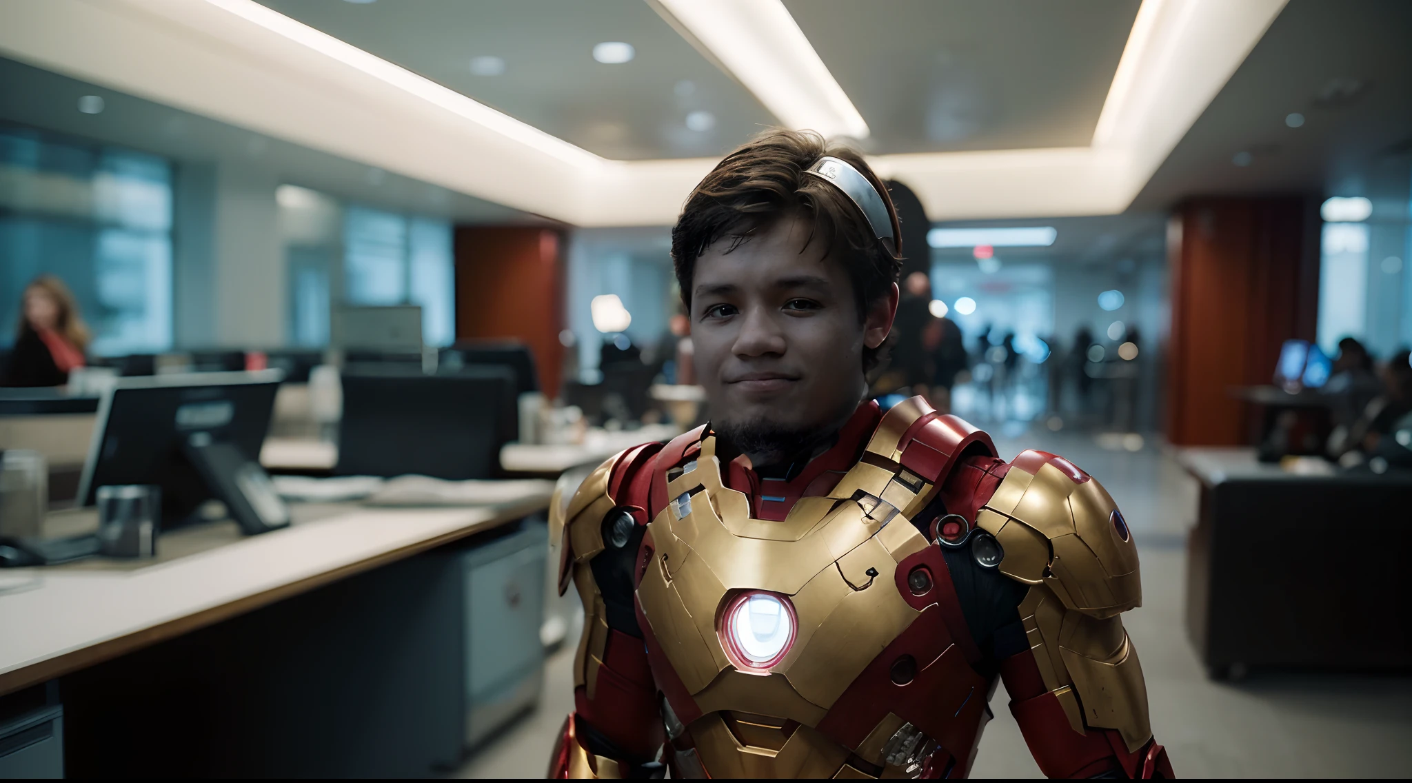 Self-portrait of a boy, highly detailed, best qualtiy, Match with Ironman costume, highly detailed, (8K, Superior Quality, best qualtiy, tmasterpiece, ighly detailed: 1.2), (((Low arm posture, Both hands are lowered)))