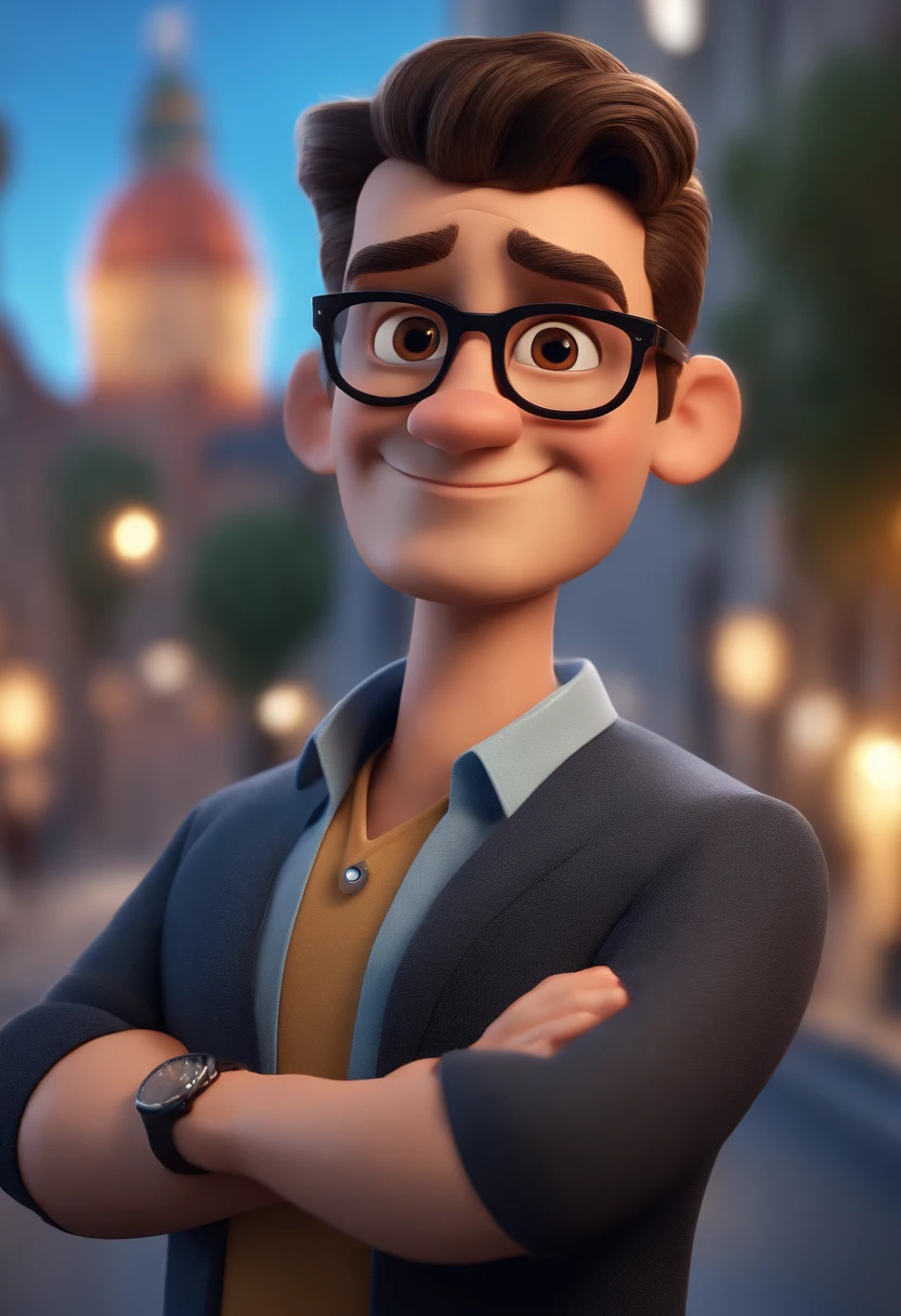 Cartoon character of a man with black glasses and a blue shirt, animation character, Caractere estilizado, animation style rendering, 3D estilizado, Arnold Maya render, 3 d render stylized, toon render keyshot, Personagem 3D, Personagem 3D, 3d rendering stylized, 3 d character render, personagem de desenho animado, Personagem de close up, Pose de personagem,  (Estilo Pixar) (master part:1.2) (Bokeh) (best quality) (pele detalhada) (textura detalhada) (8k) (argila) (Cinematic lighting) (foco nítido