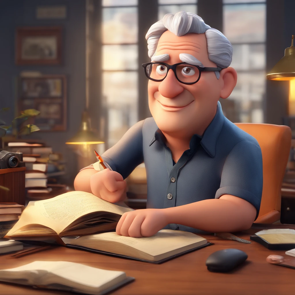 Crie um cartaz inspirado na Disney Pixar com o personagem sendo o pastor Rubens Janier, A gray-haired man wearing glasses, in an office with a Bible on the table, Looking forward and serious