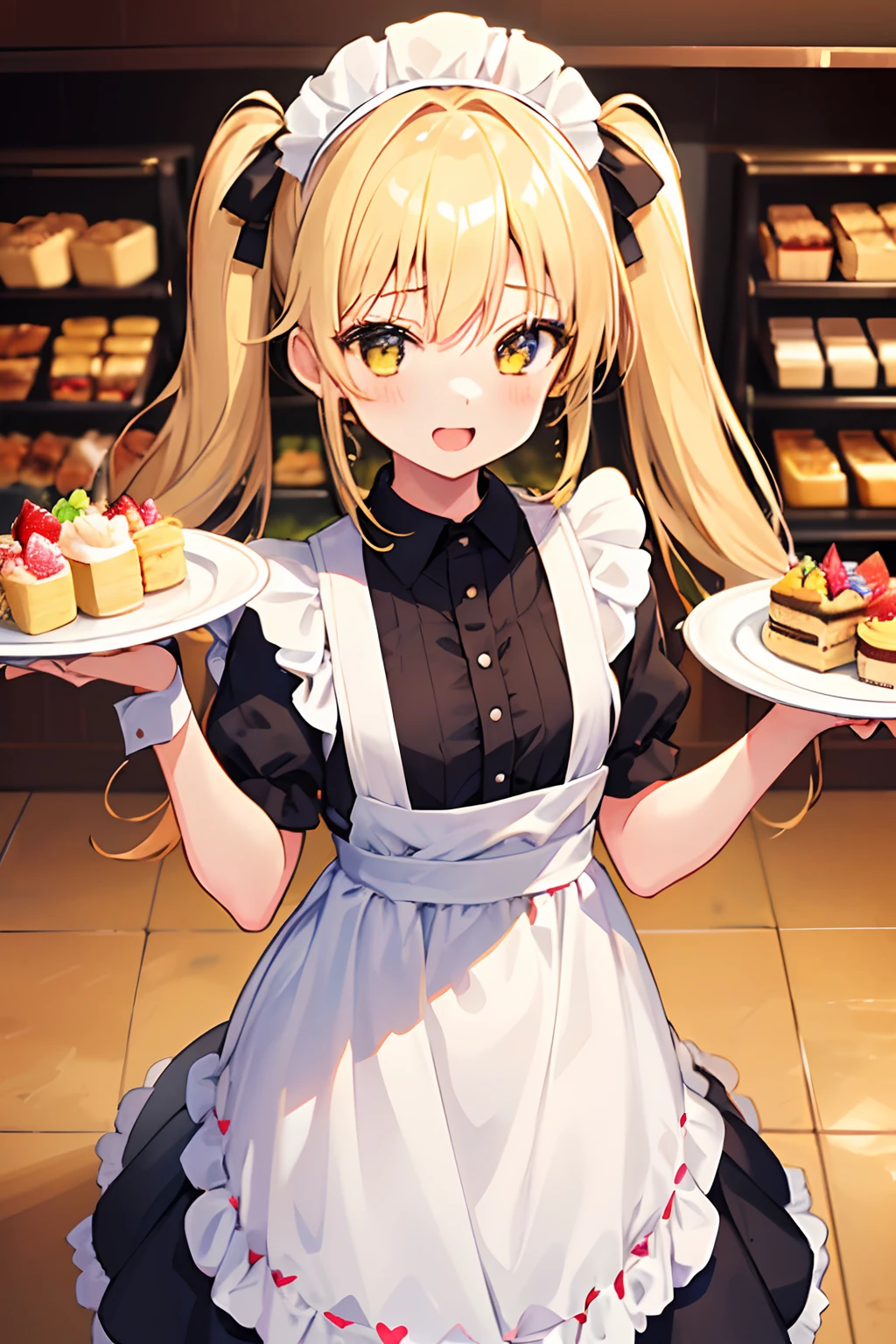 1girl, young girl, yellow hair, gold hair, twintail, half up, two side up, long hair, bangs, hair ribbons, in the maid cafe, wearing a white apron dress, happy, cute, many hearts, (holding a tray), desserts, many foods, many desserts