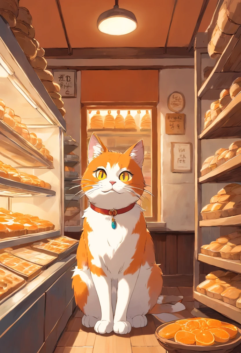 Un lindo gato naranja de ojos saltones, At the bakery , Luz solar fuera de la ventana.