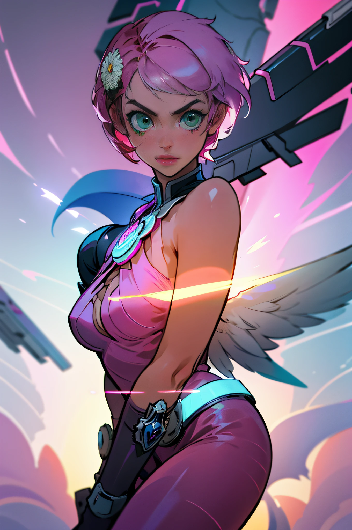 Alisa bosconovitch, mechanical wings, green eyes, character, female, woman, game character, tekken, video game, pink hair, multicolored hair, short hair, flower on head, serious, seductive smile, smiley, excited, gradient eyes, anime, anime, cinematic lighting, drop shadow, glowing light, motion lines, f/1.2, sideways, perspective, close-up, multiple views, UHD, high quality, best quality, best quality