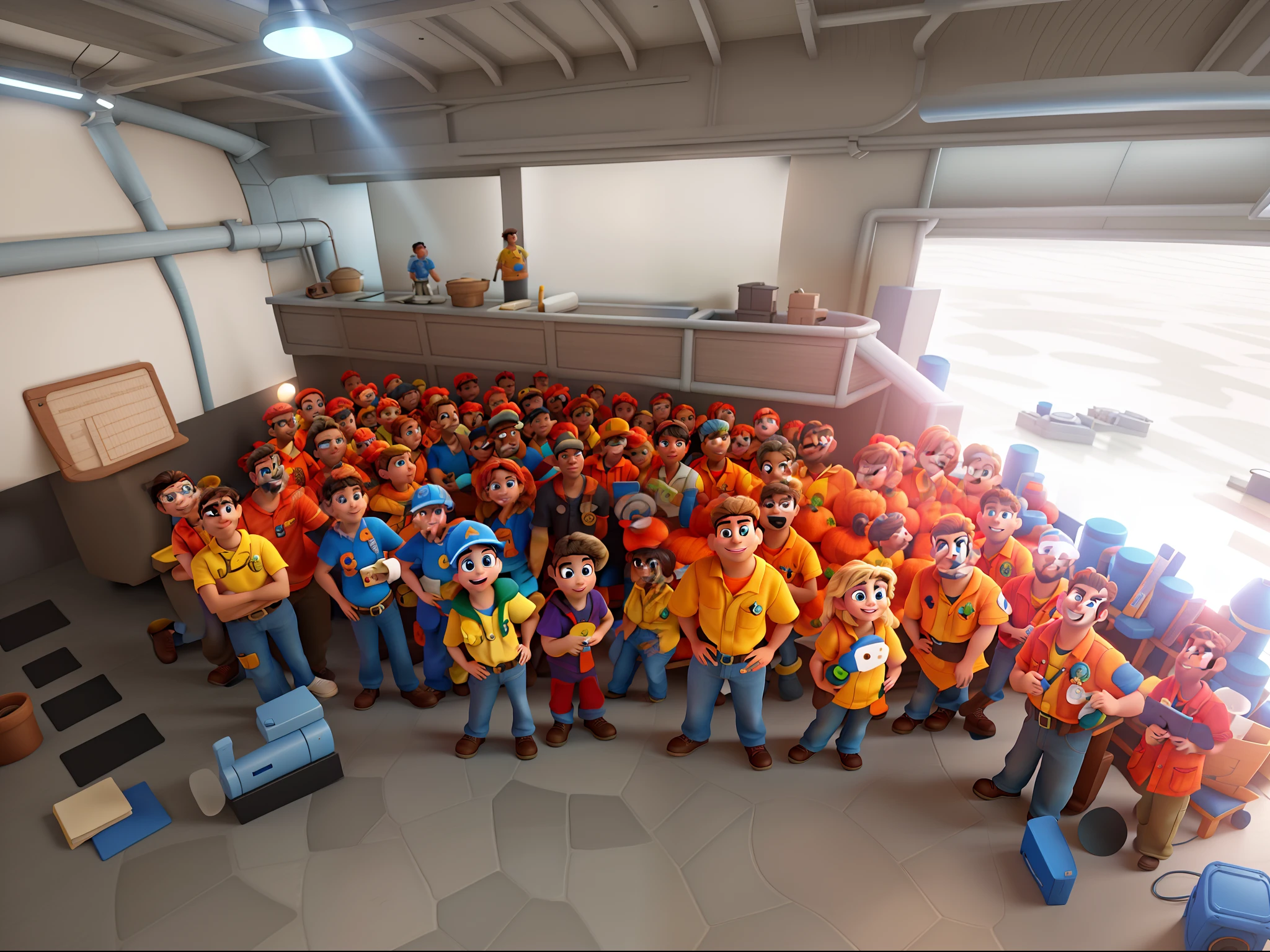 Disney Pixar-style group of technicians, alta qualidade, melhor qualidade