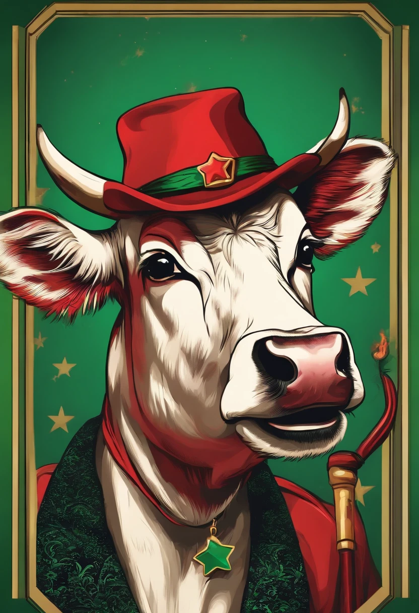 Create a cow smoking cigarette with a red cap with a green star