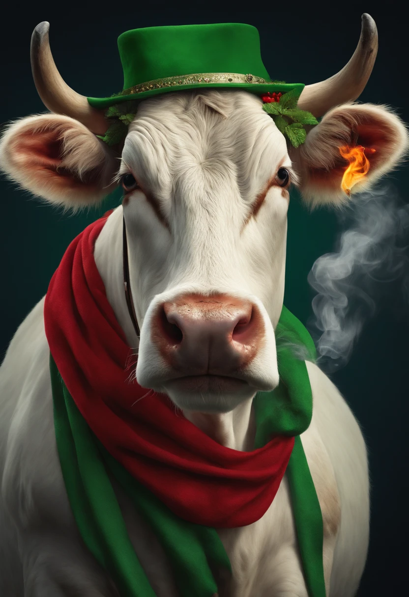 Create a cow smoking cigarette with a red cap with a green star