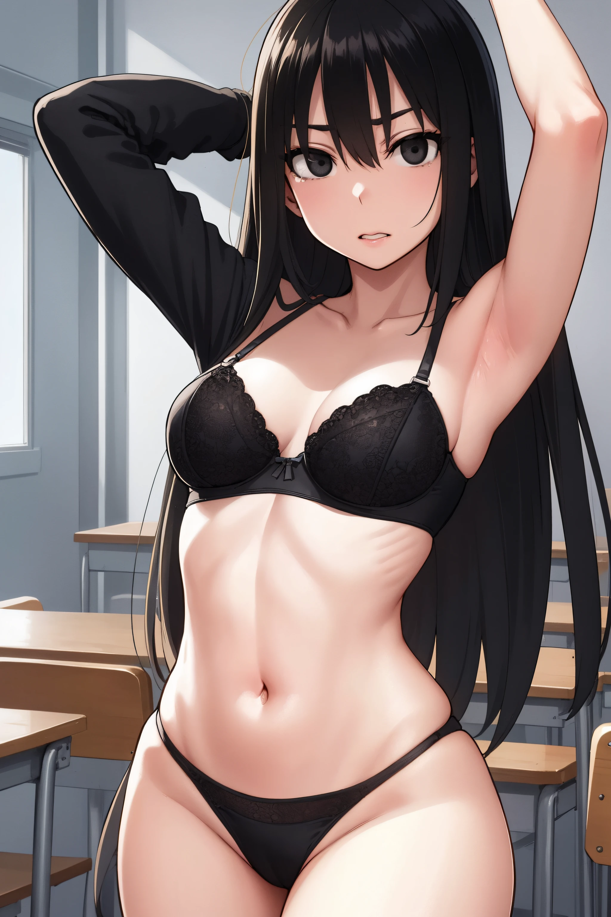 sakiyoshida, saki yoshida, long hair, hair between eyes, (black eyes:1.5), black hair,
BREAK lingerie, (thong:1.3), bra,
BREAK indoors, classroom,
BREAK looking at viewer, (cowboy shot:1.5),armpits,arm up,angry, pov, 
BREAK (masterpiece:1.2), best quality, high resolution, unity 8k wallpaper, (illustration:0.8), (beautiful detailed eyes:1.6), extremely detailed face, perfect lighting, extremely detailed CG, (perfect hands, perfect anatomy),